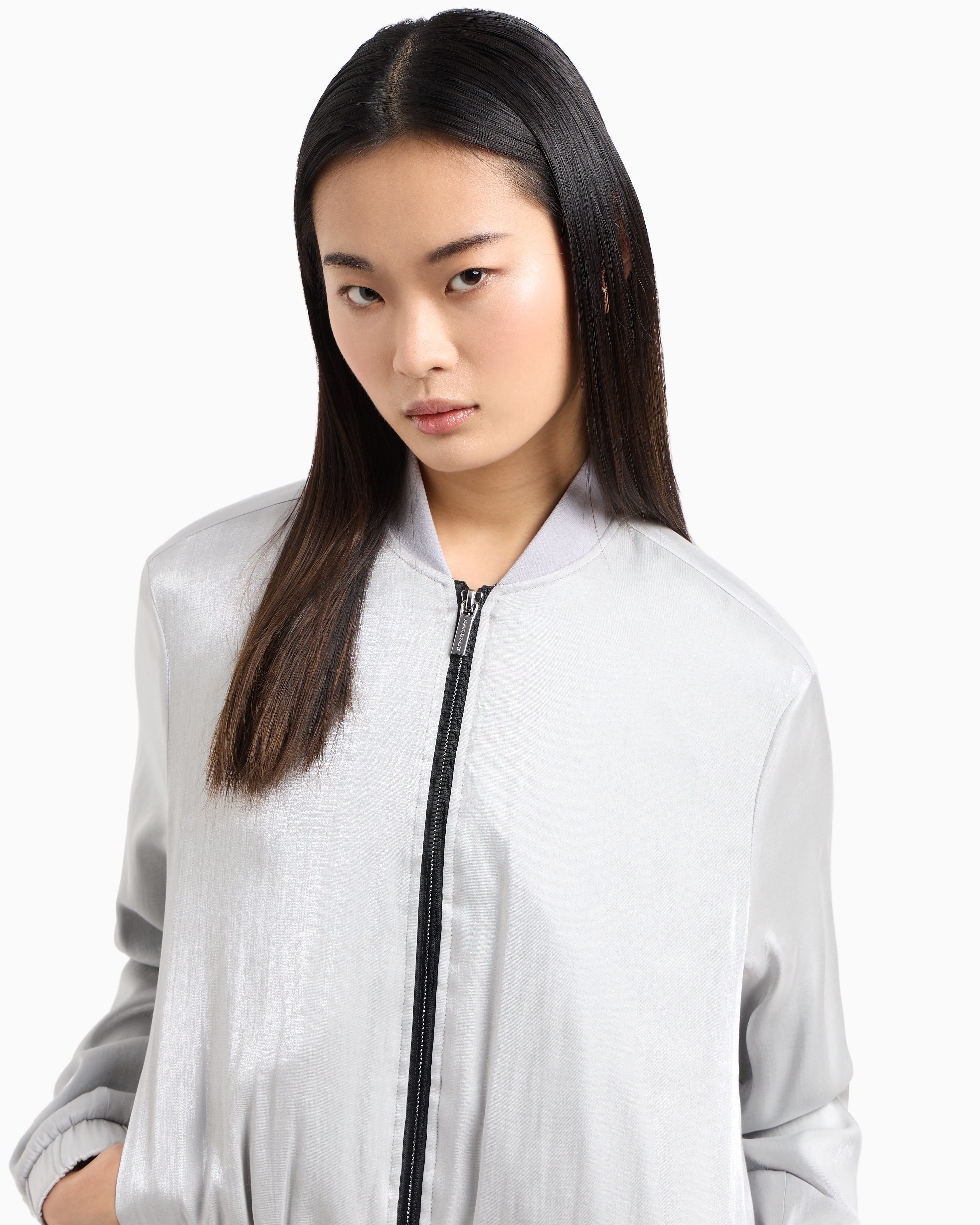 Armani Exchange - Bomber jacket glitter satin fabric, Woman, Silver, Size:
