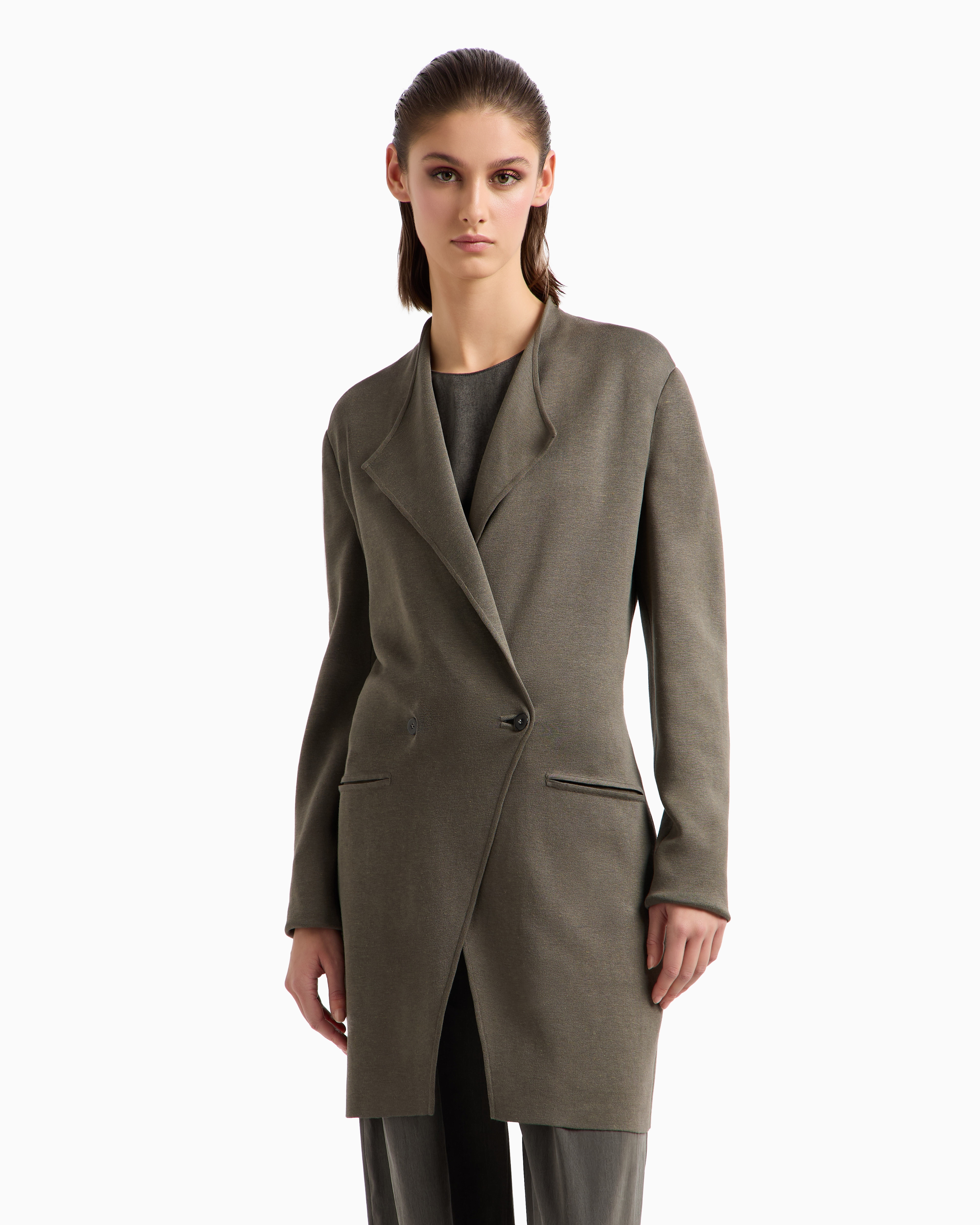 Giorgio Armani Long Double-breasted Viscose And Linen Jacket In Green