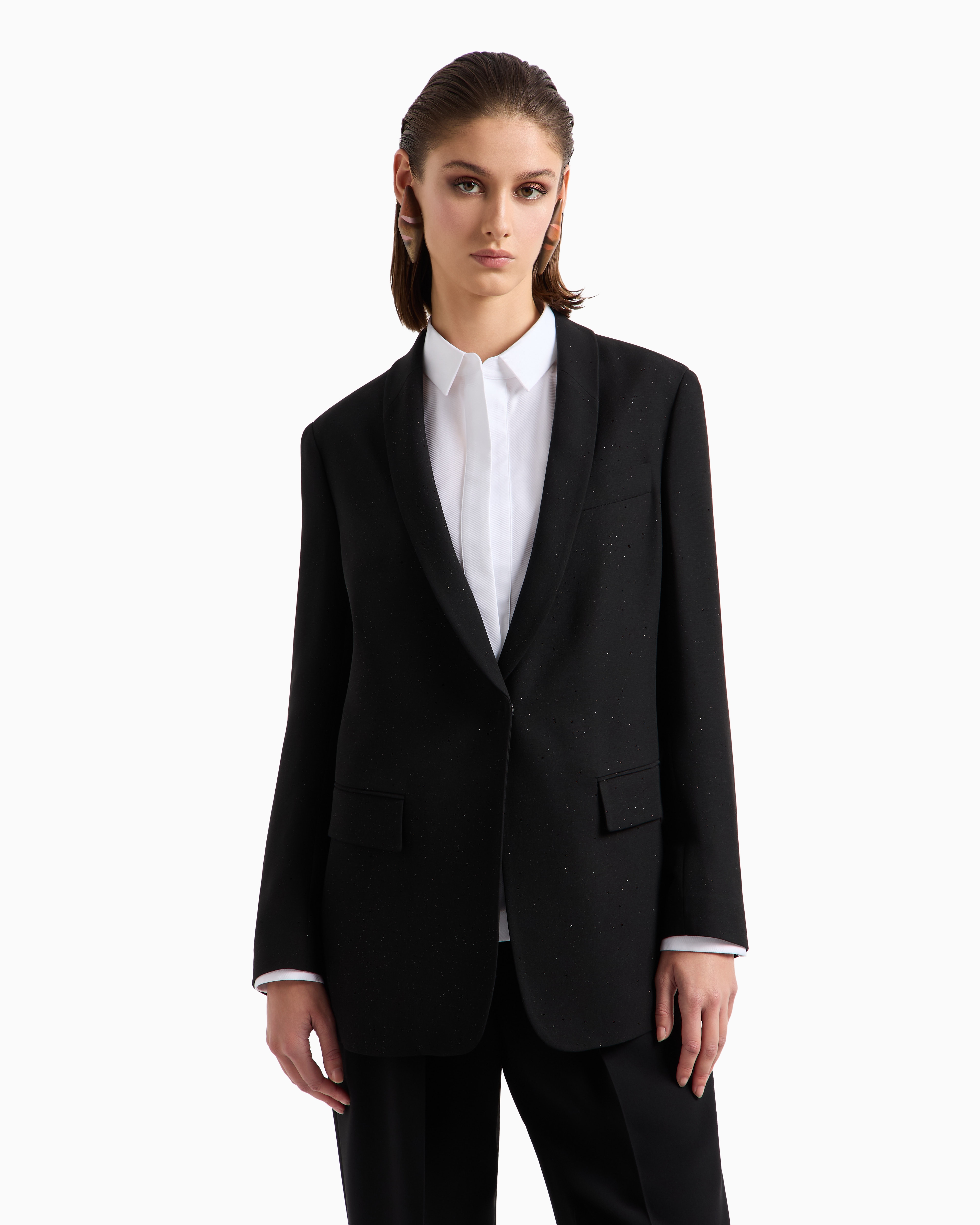 Giorgio Armani Glitter Silk-cady Single-breasted Jacket In Black