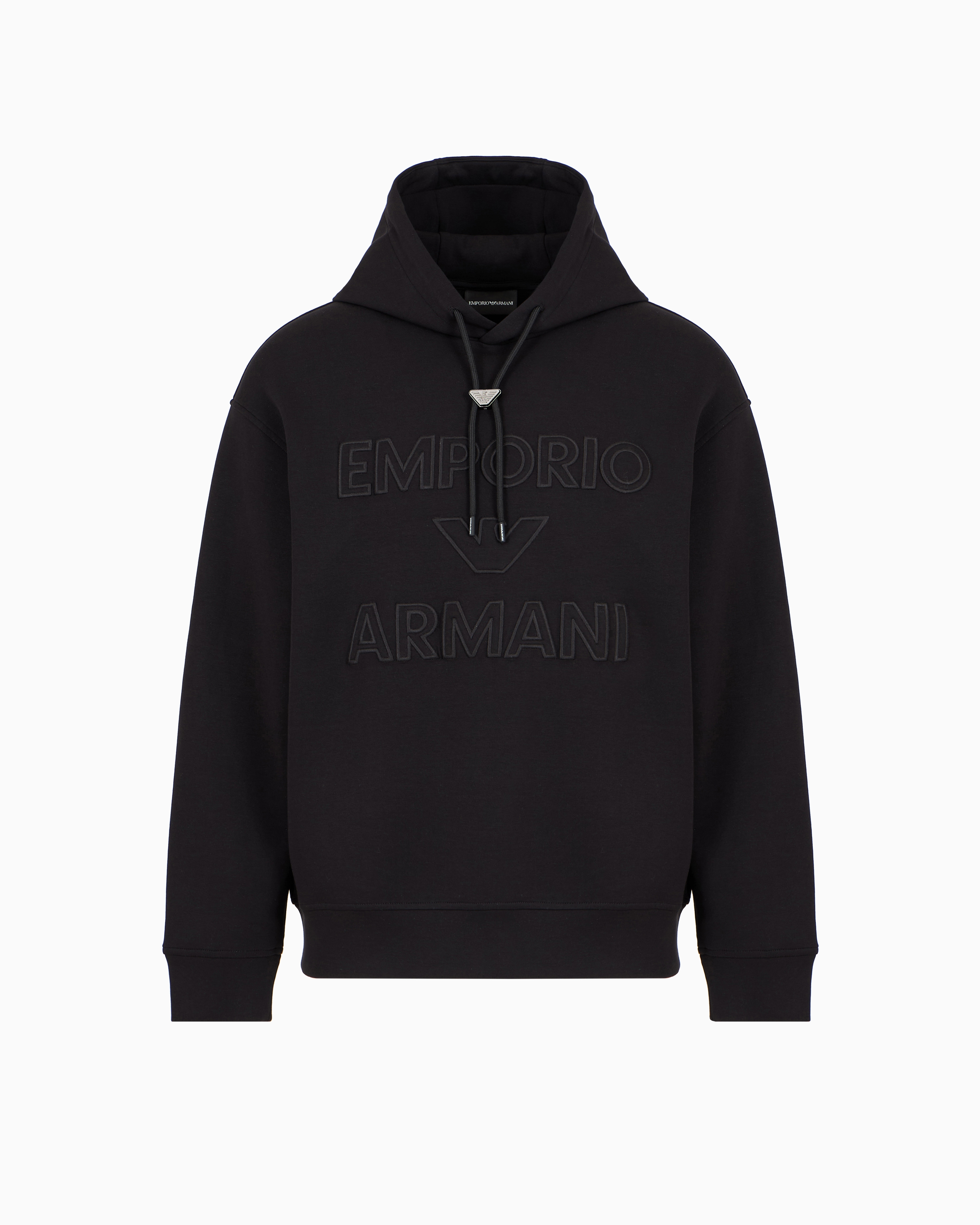 Emporio Armani Asv Double-jersey Hooded Sweatshirt With Oversized, Embossed Logo Embroidery In Black