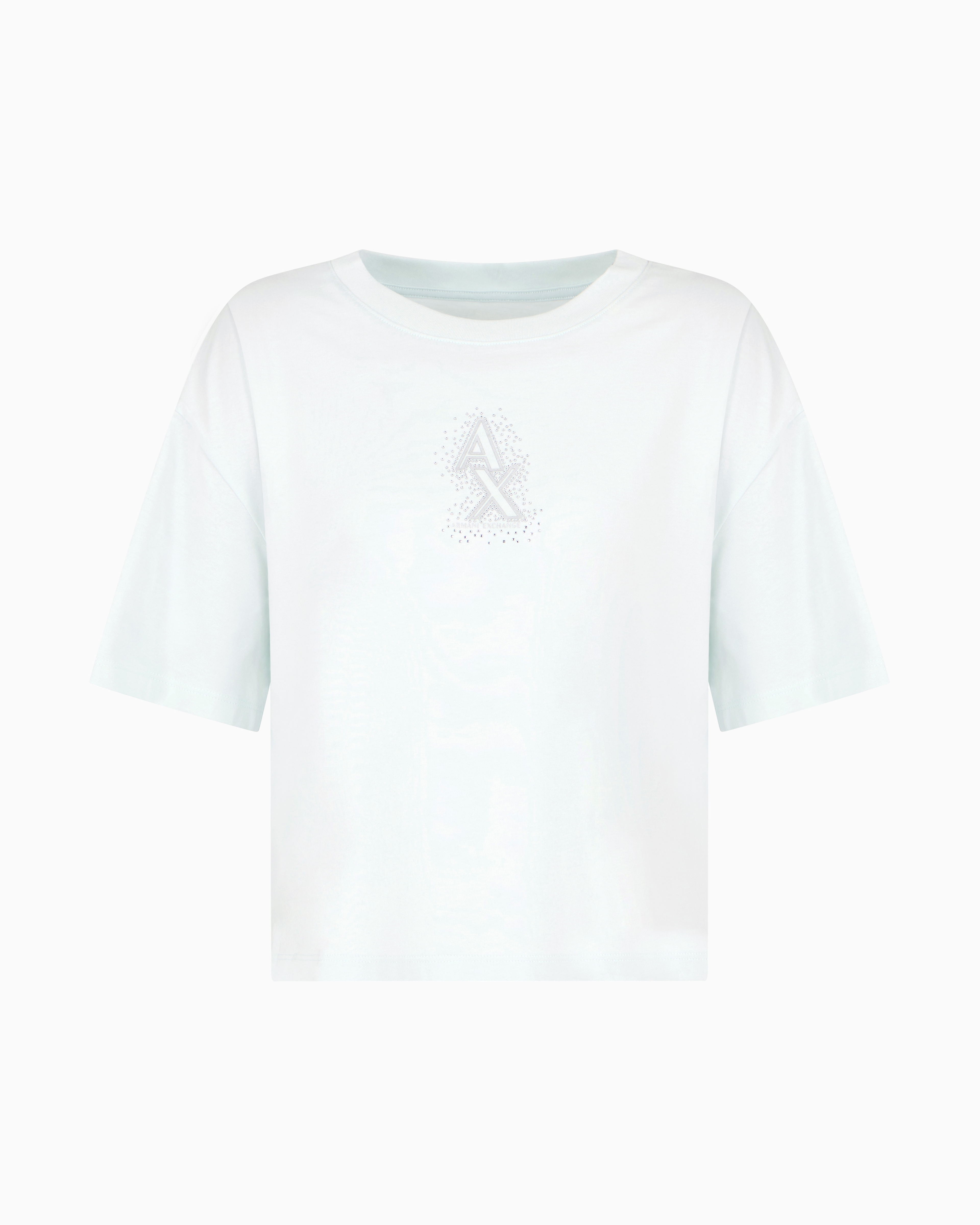 Armani Exchange Light Blue Cropped T-Shirt With Rhinestone Logo Extra Small