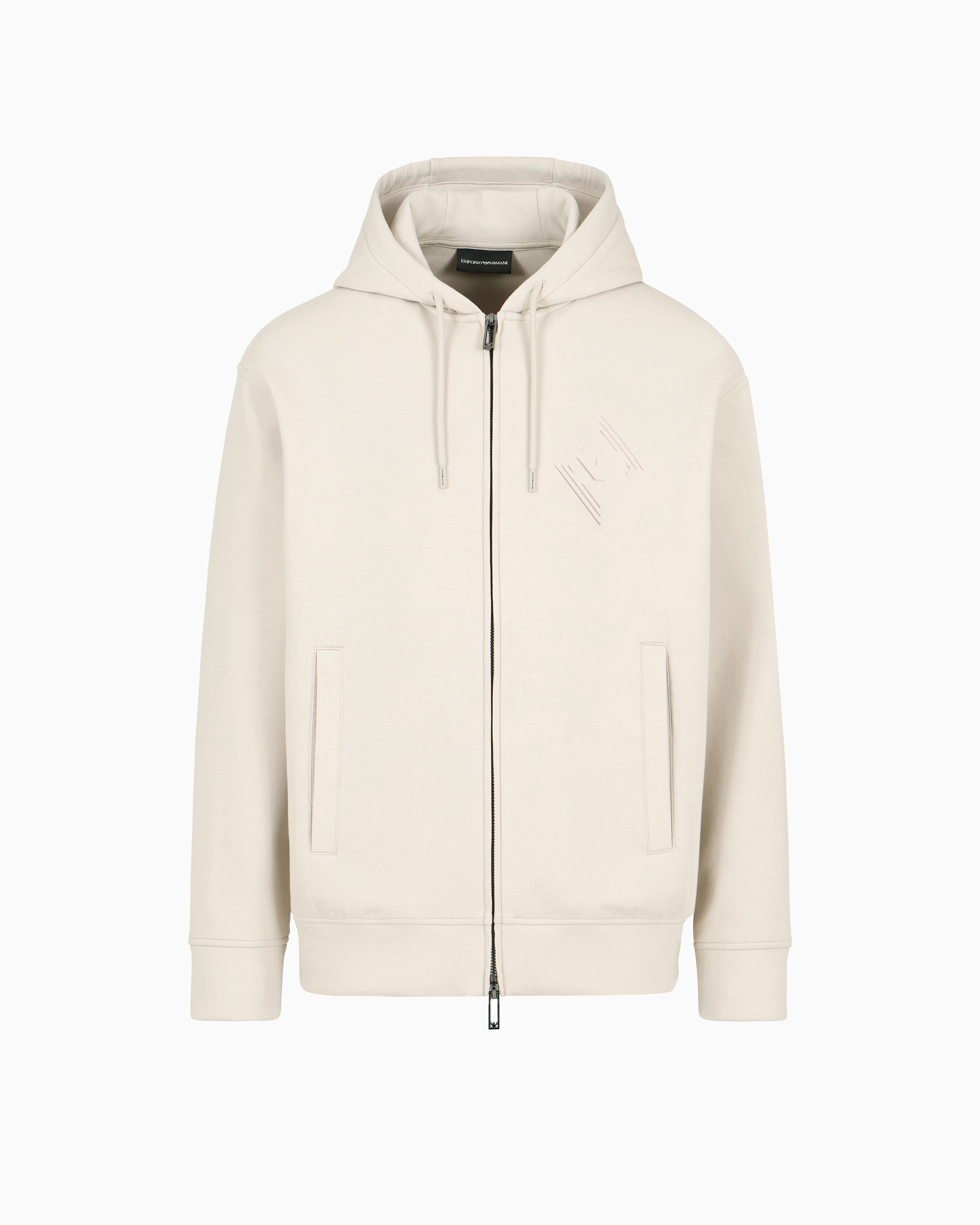 Emporio Armani Double-jersey Hooded Sweatshirt With Zip And Embossed Eagle Logo In Neutral