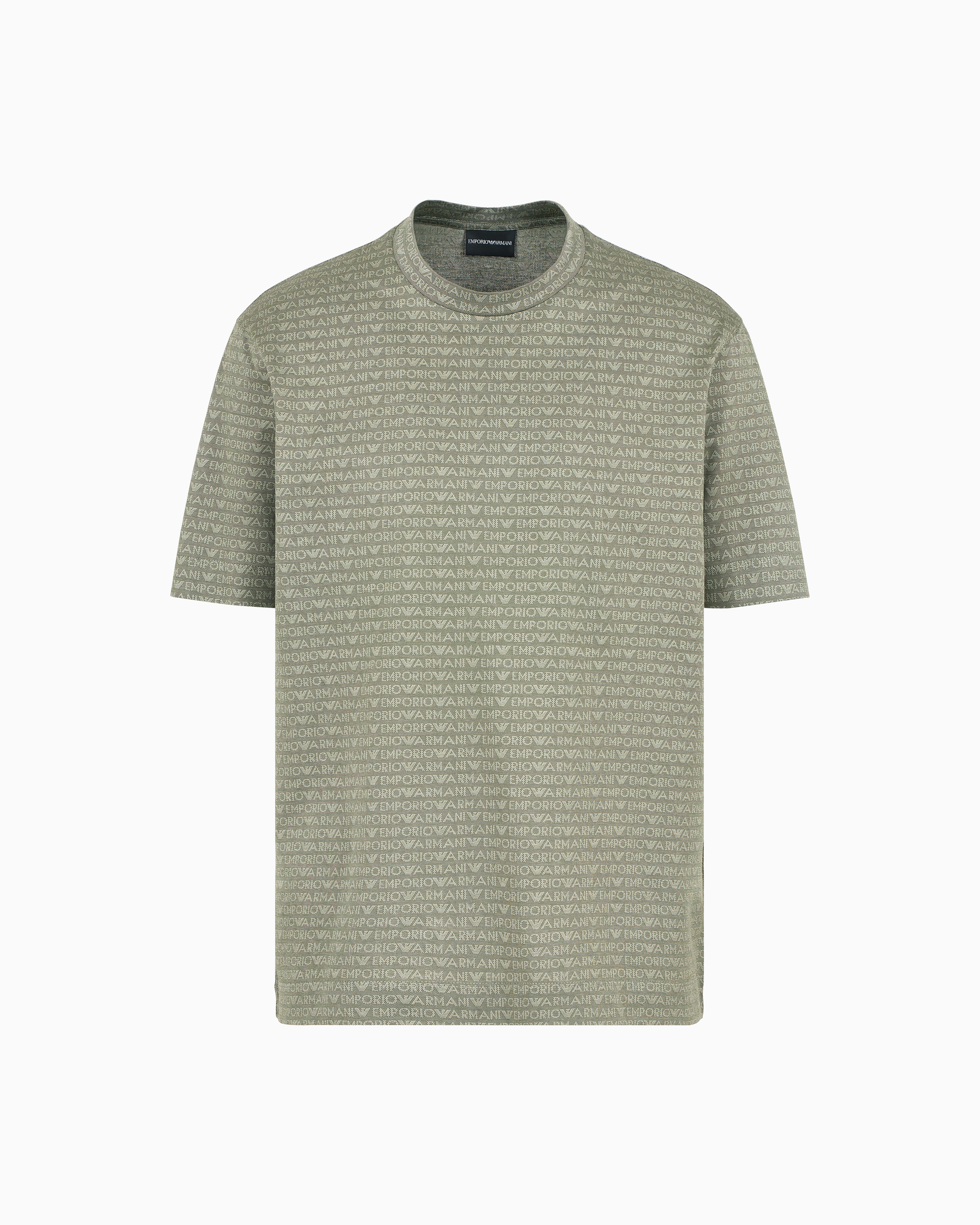 Emporio Armani T-shirt Aus Jacquard-jersey Mit Allover-logo-schriftzug In Green