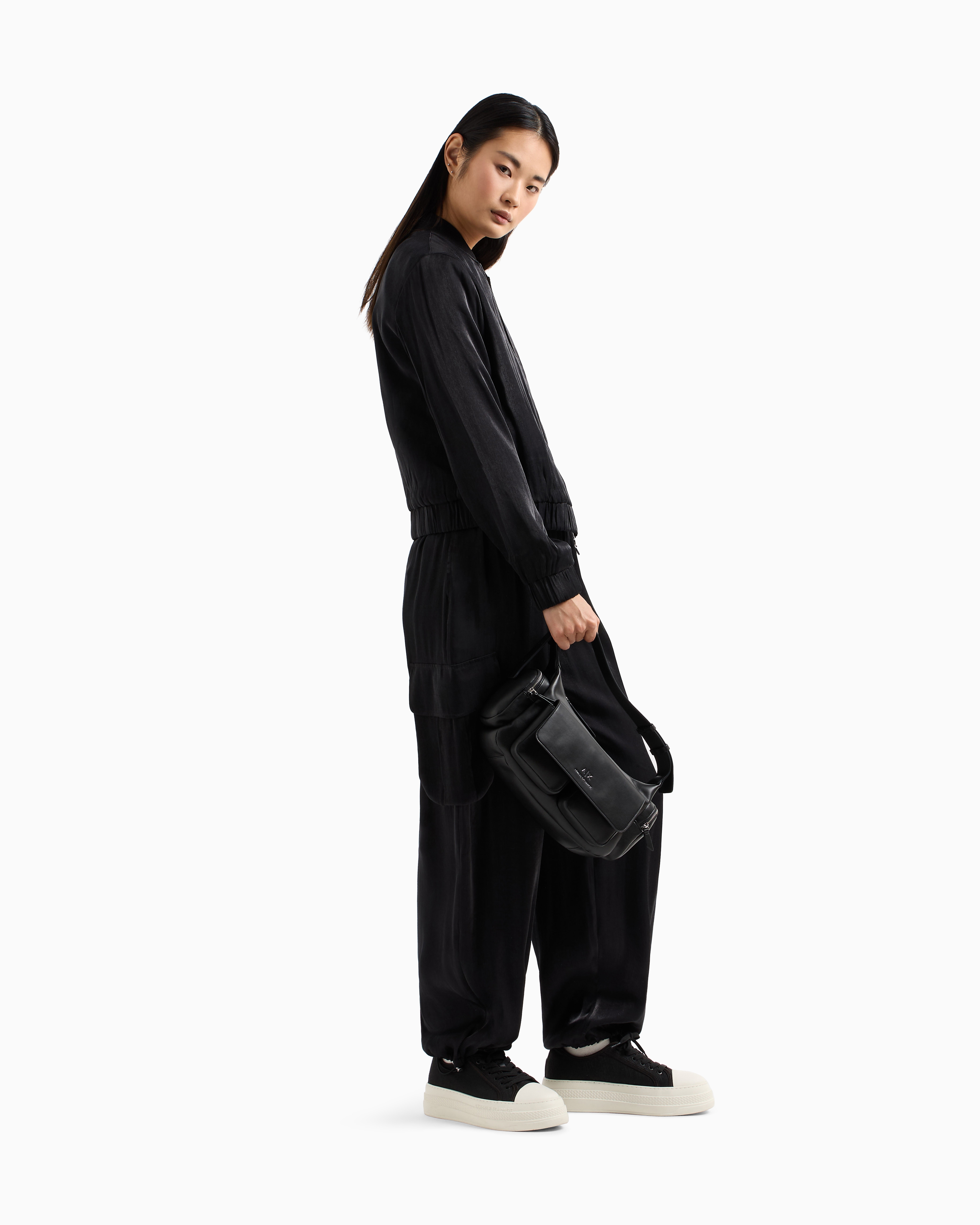 Armani Exchange Cargo Pants In Glitter Satin Fabric In Black