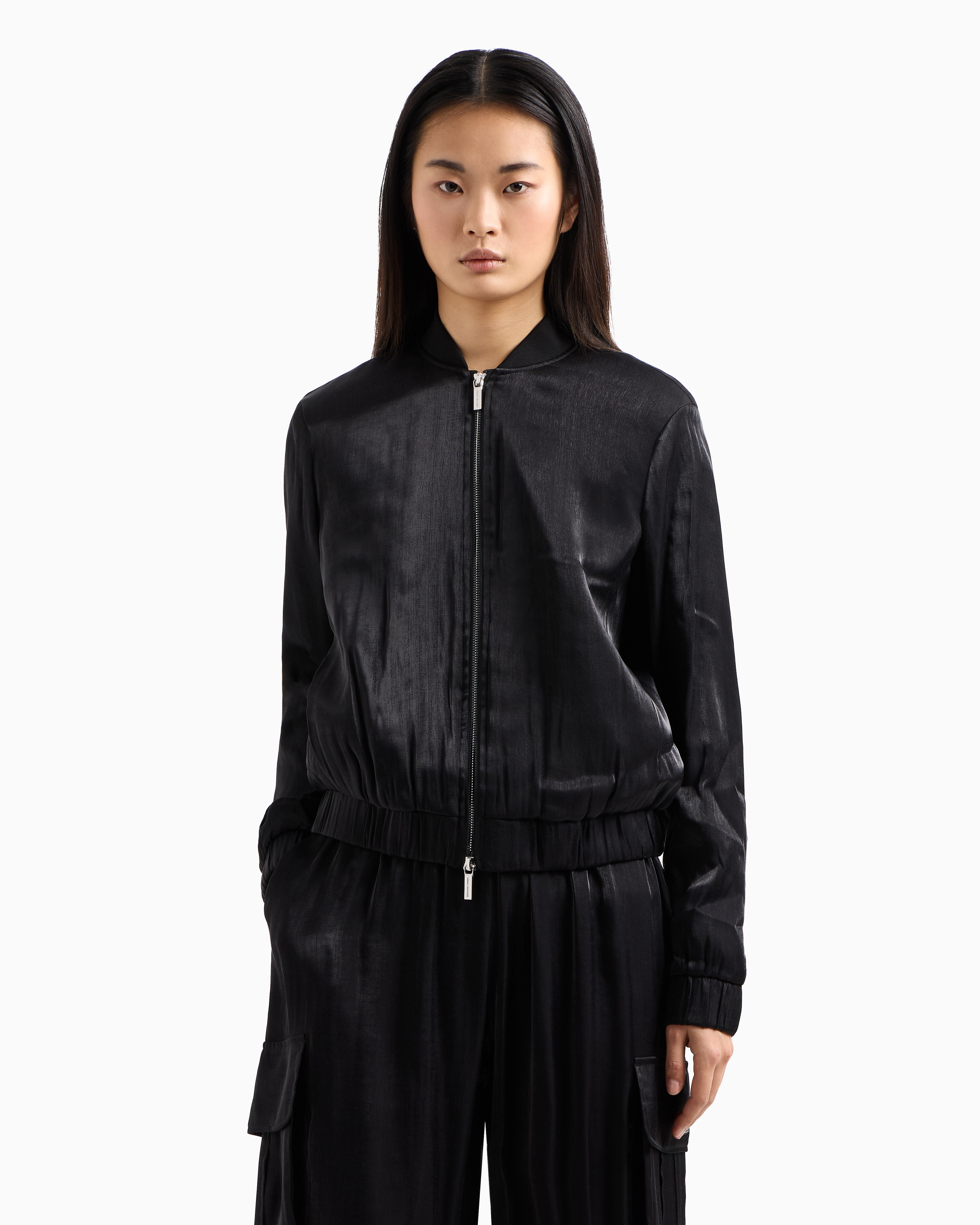 Armani Exchange Bomber Jacket In Glitter Satin Fabric In Black