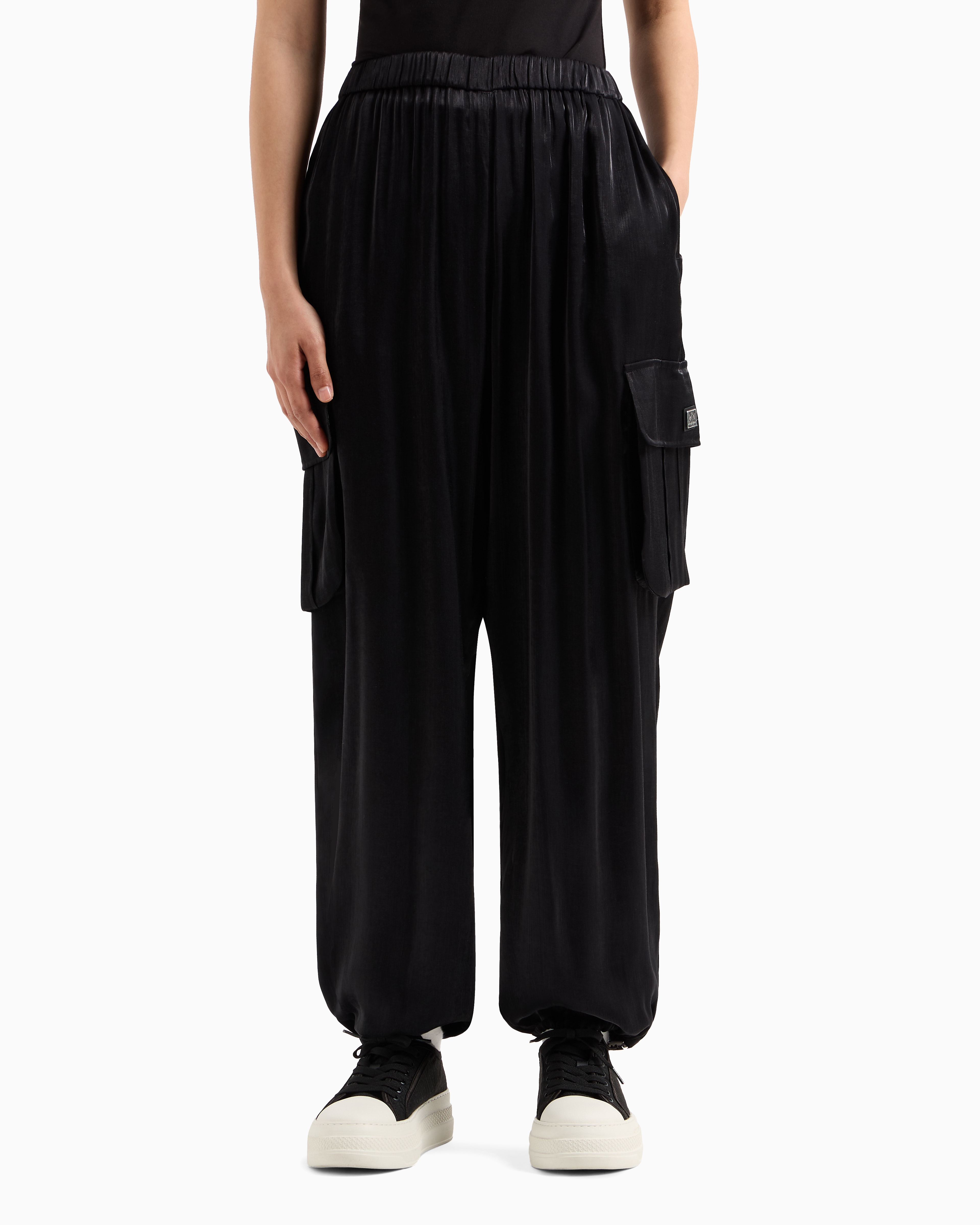Armani Exchange Cargo Pants In Glitter Satin Fabric In Black