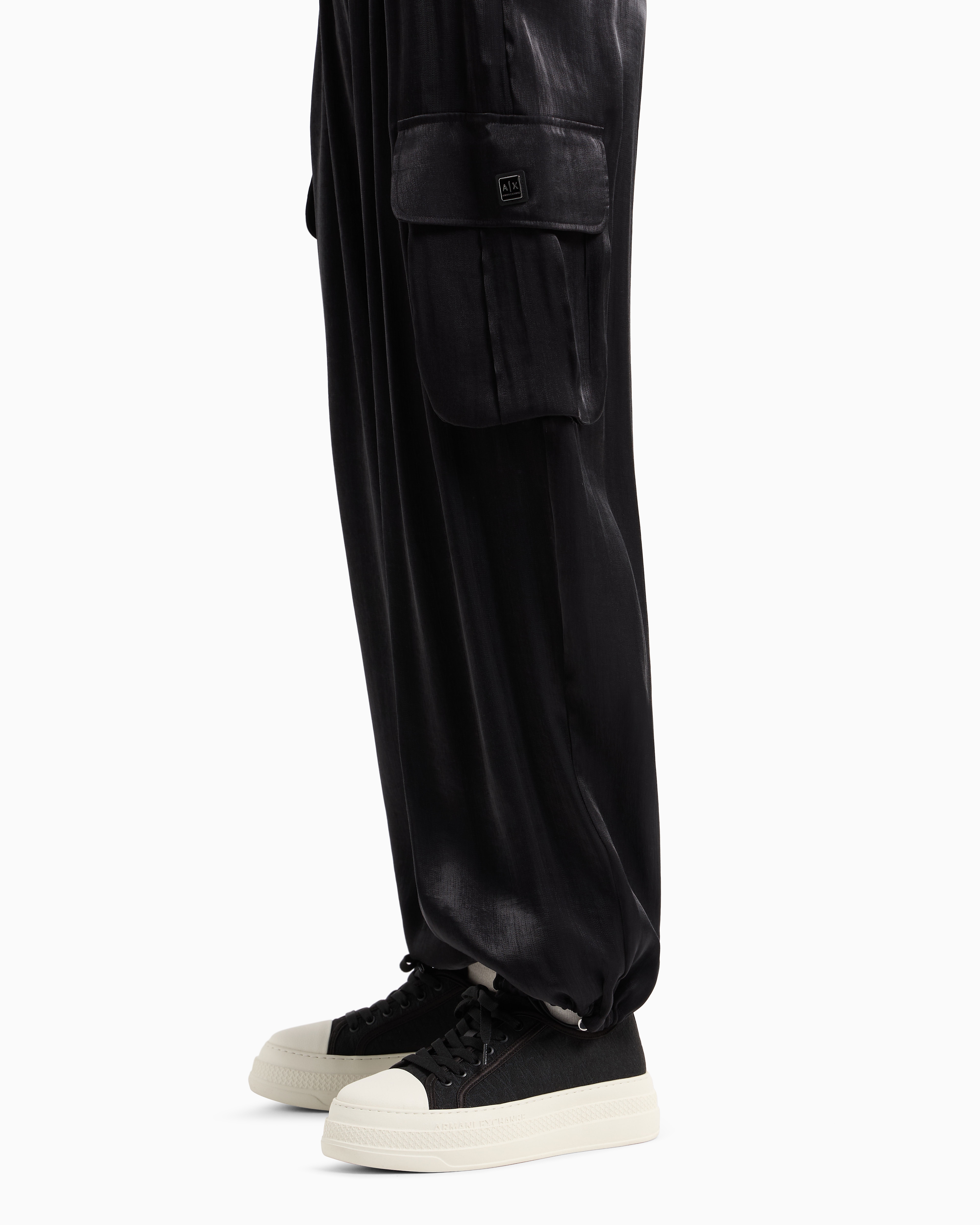 Armani Exchange Cargo Pants In Glitter Satin Fabric In Black