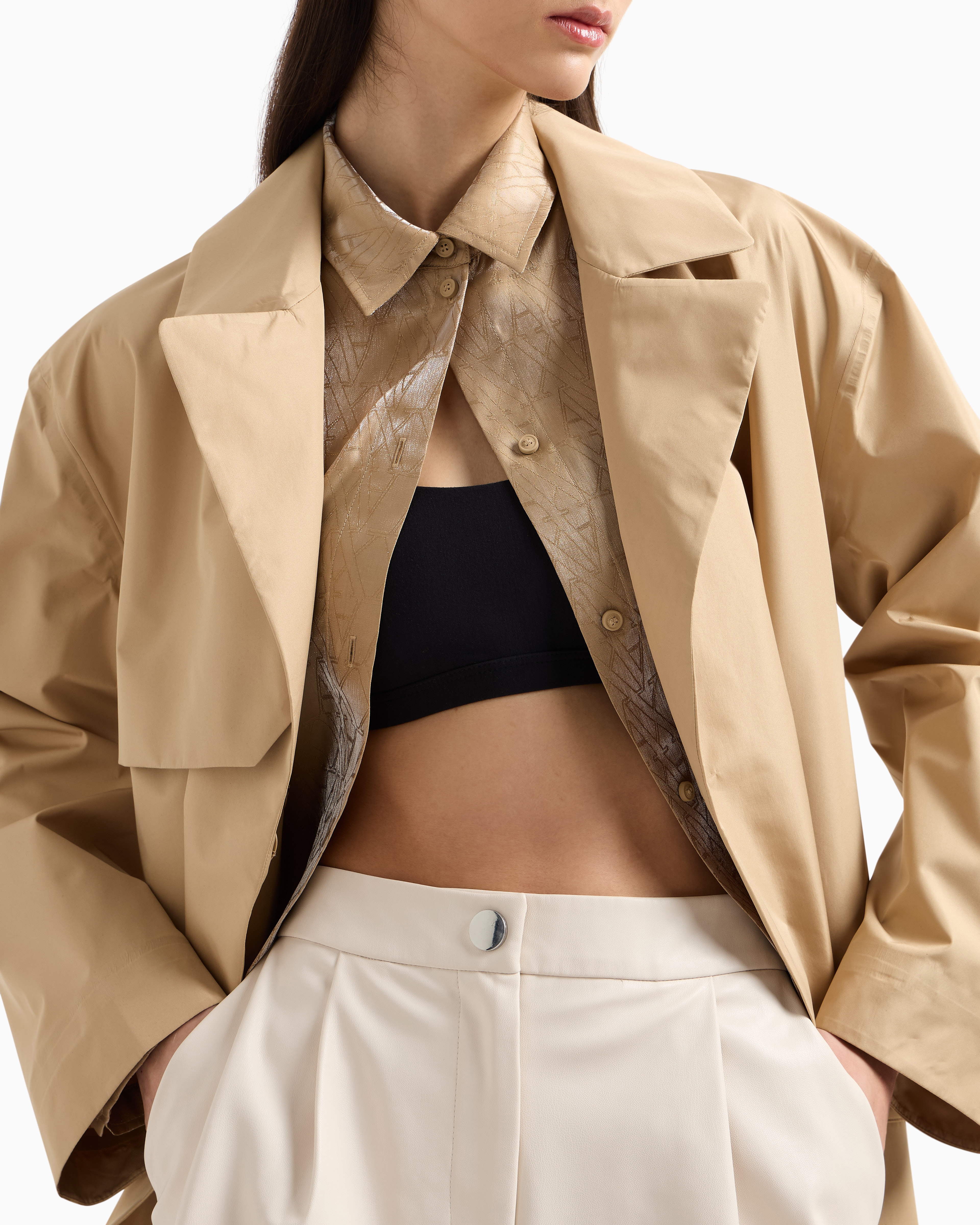 Armani Exchange - Trench coat with belt shiny fabric, Woman, Camel, Size: