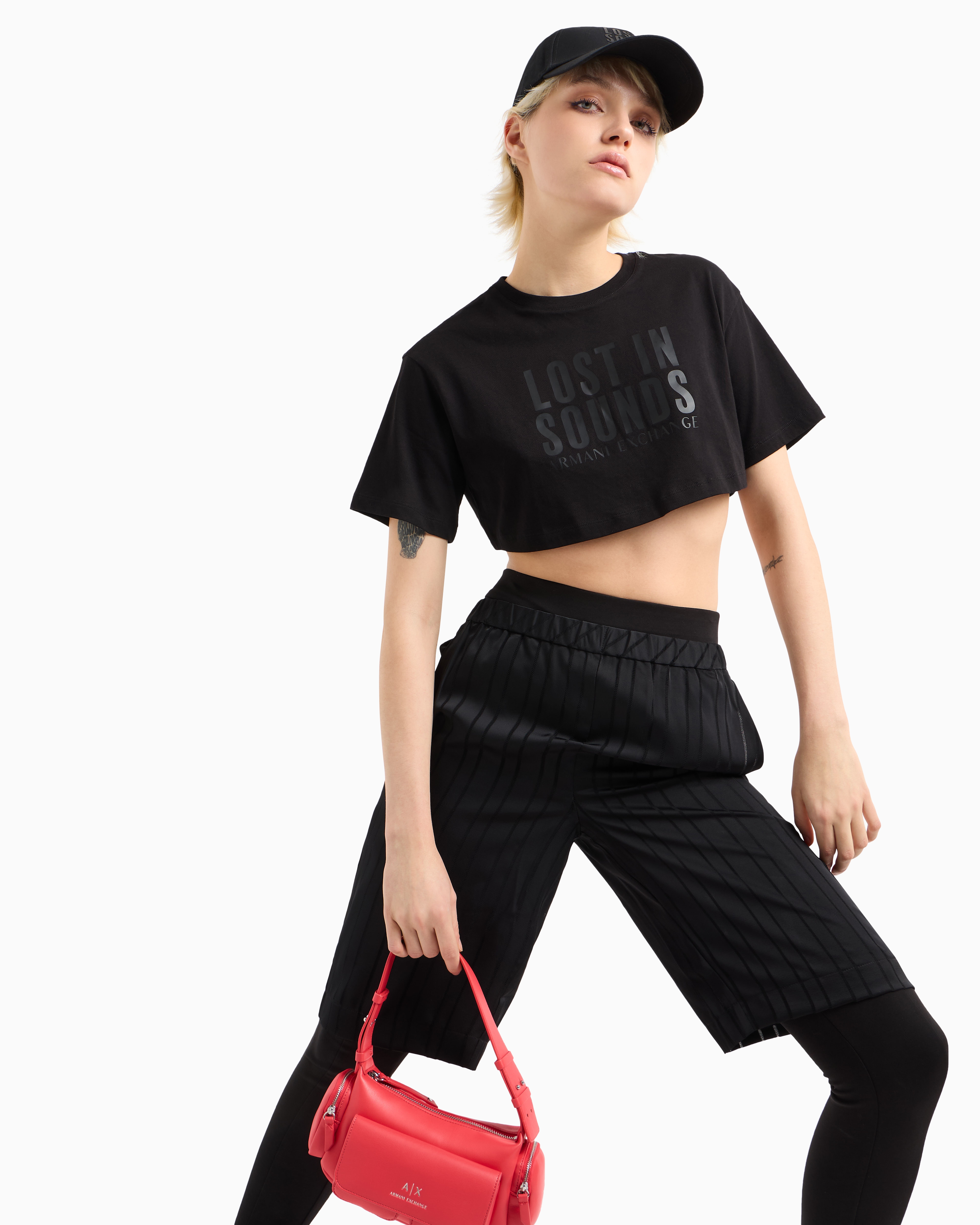 Armani Exchange - Lost sounds cropped t-shirt, Woman, Black, Size: