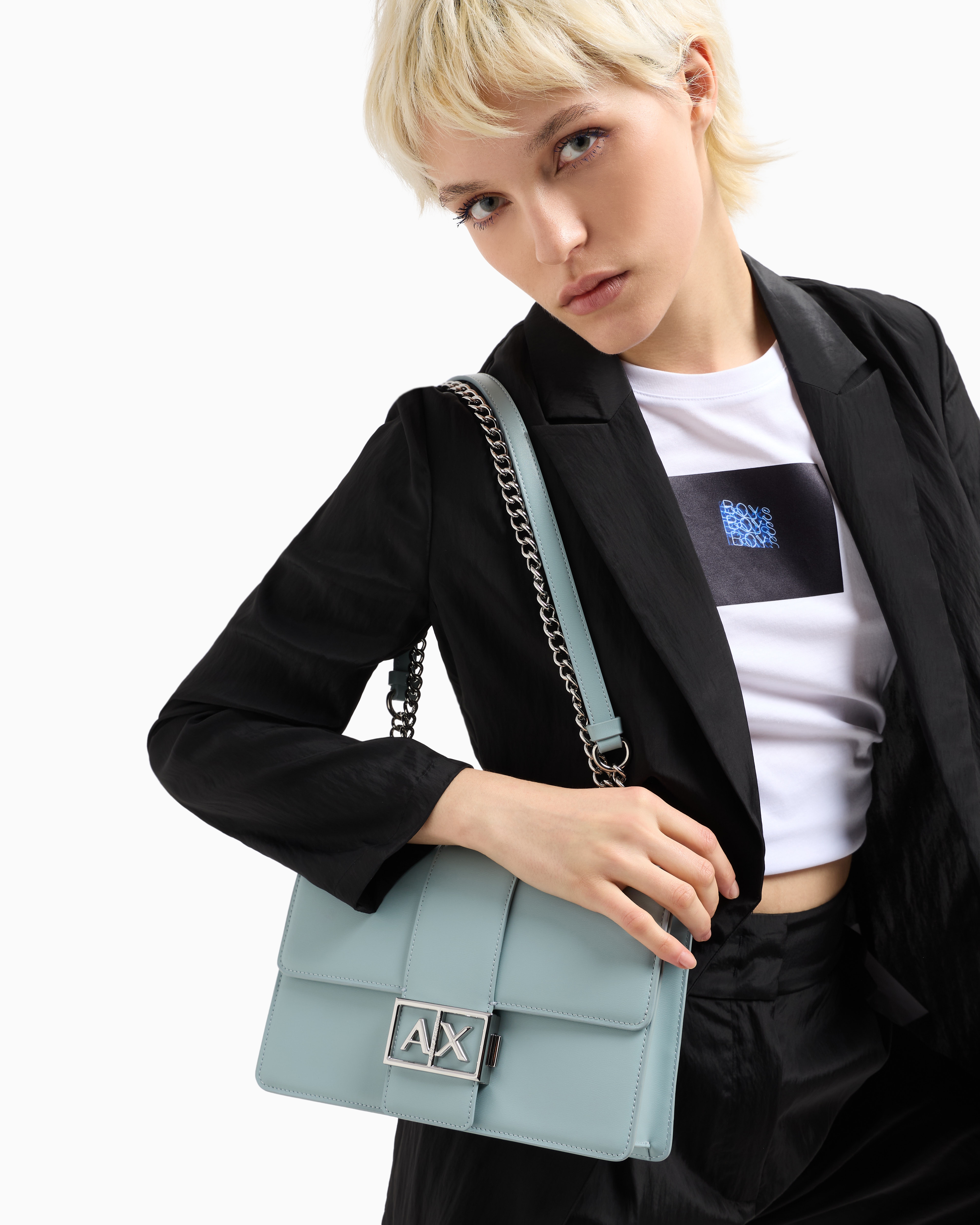 Armani Exchange - Shoulder bag with metal logo, Woman, Light Blue, Size: TU