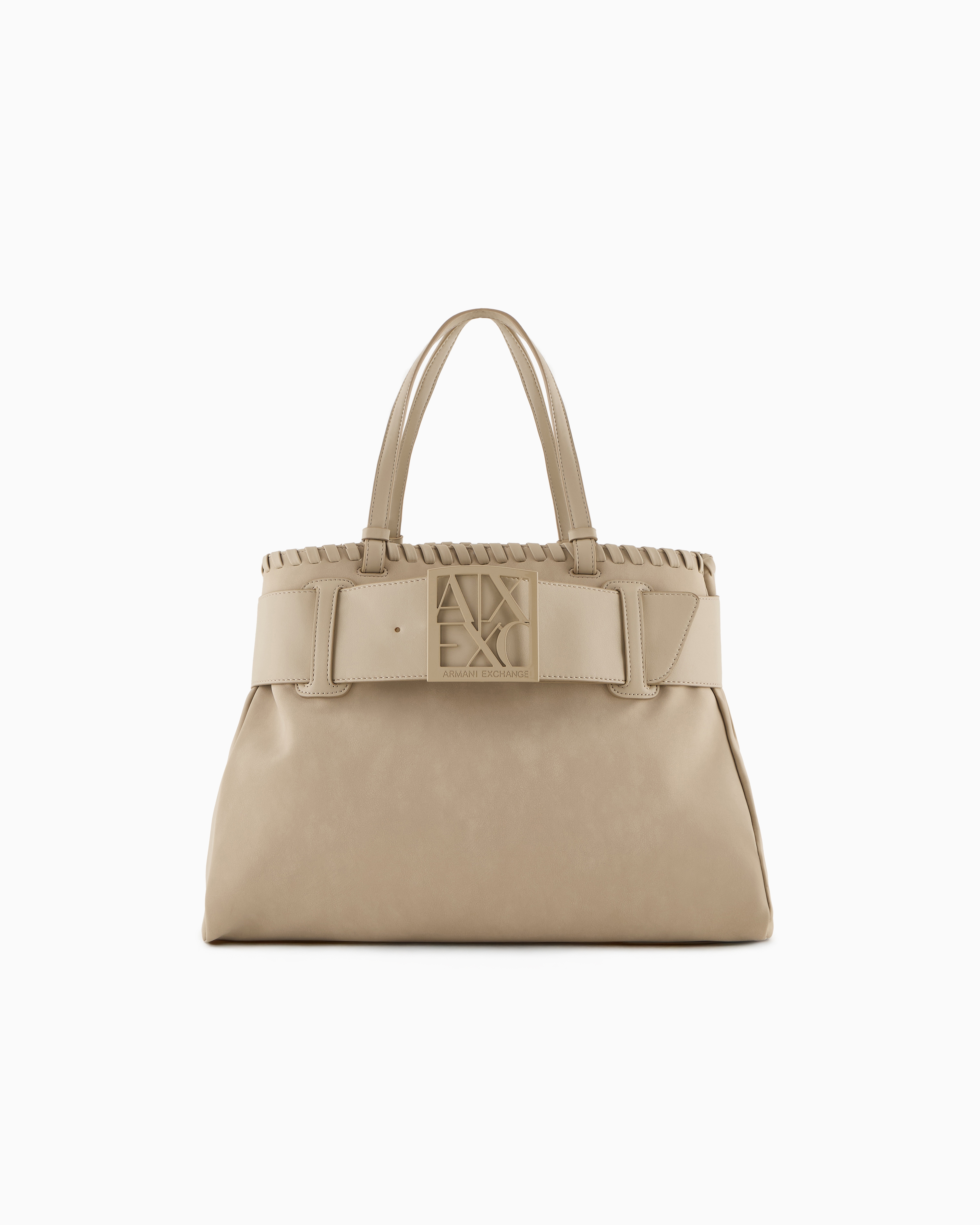 Armani Exchange Large Shoulder Bag With Asv Logo Detail In Beige