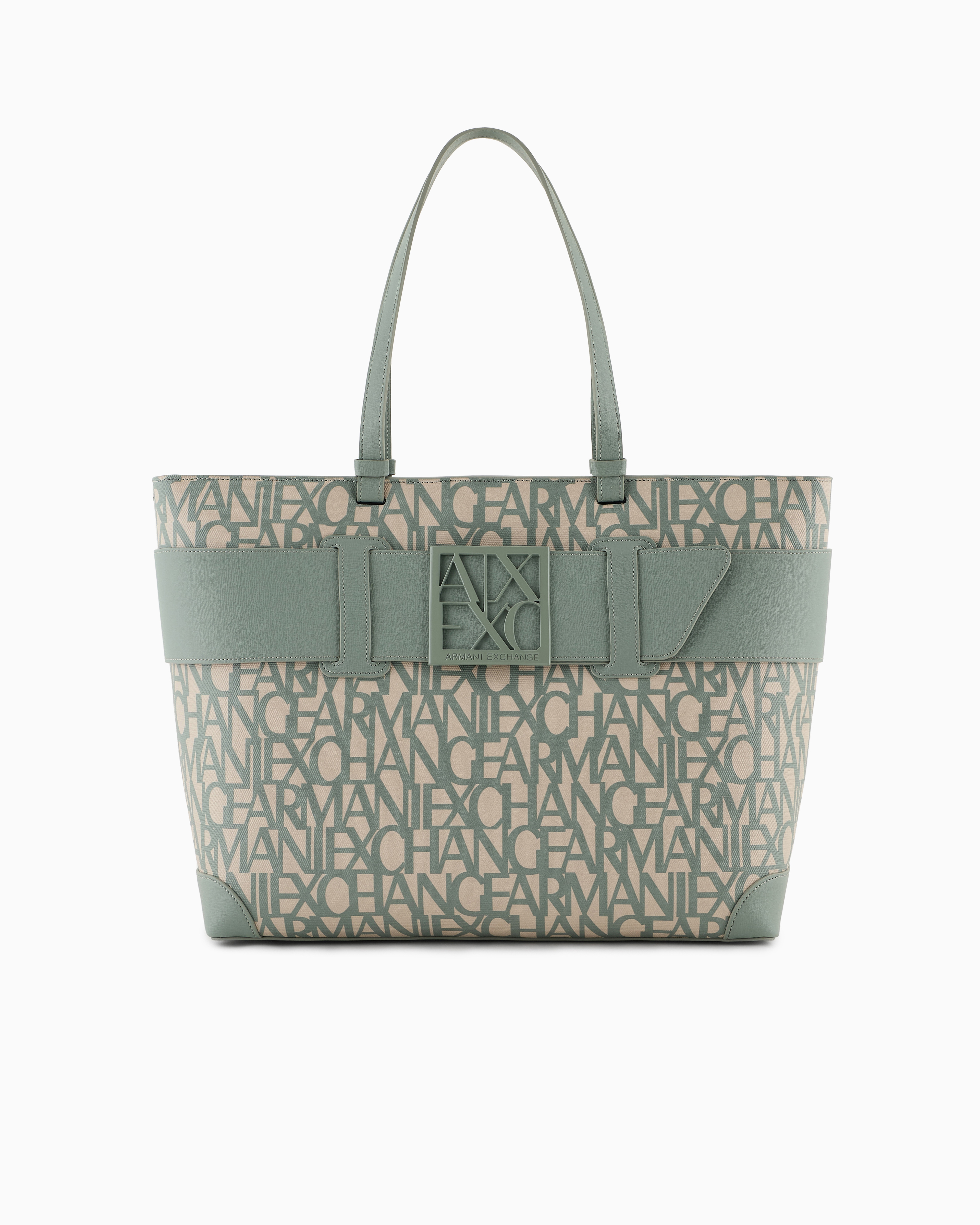 Armani Exchange Shopper Bag With Allover Contrasting Logo In Green