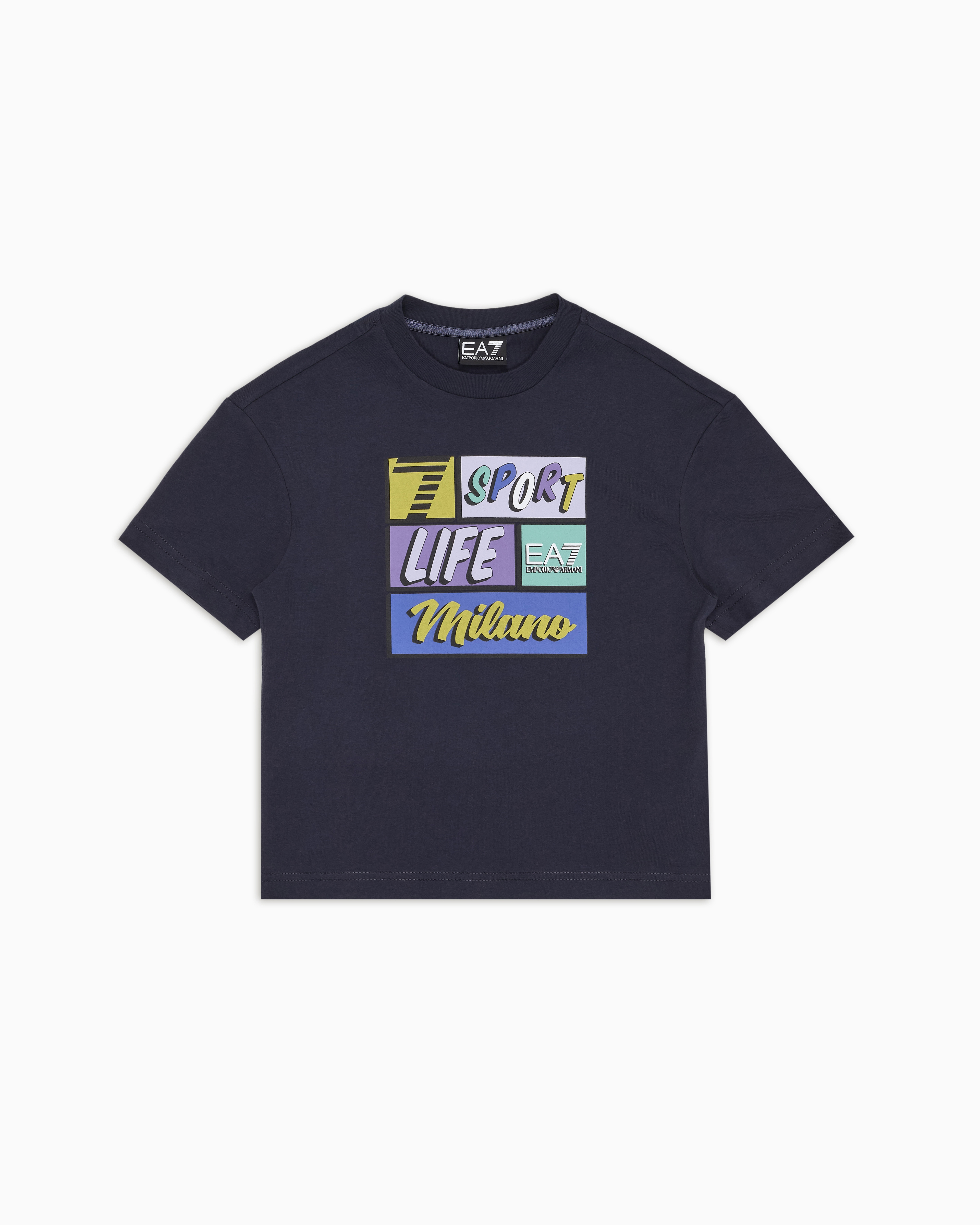 Ea7 Graphic Series Boy Cotton Jersey T-shirt With Print In Navy Blue