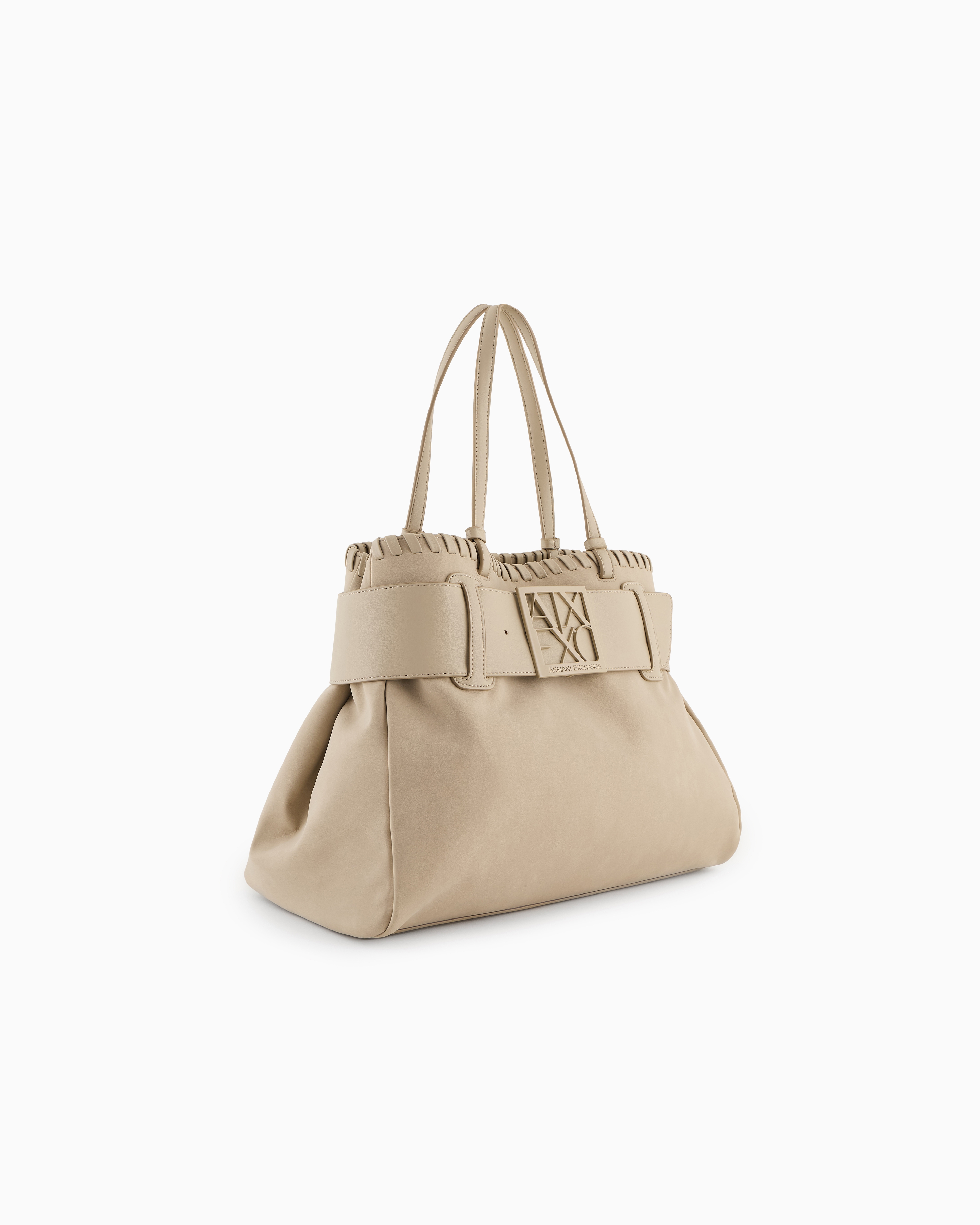 Armani Exchange Large Shoulder Bag With Asv Logo Detail In Beige