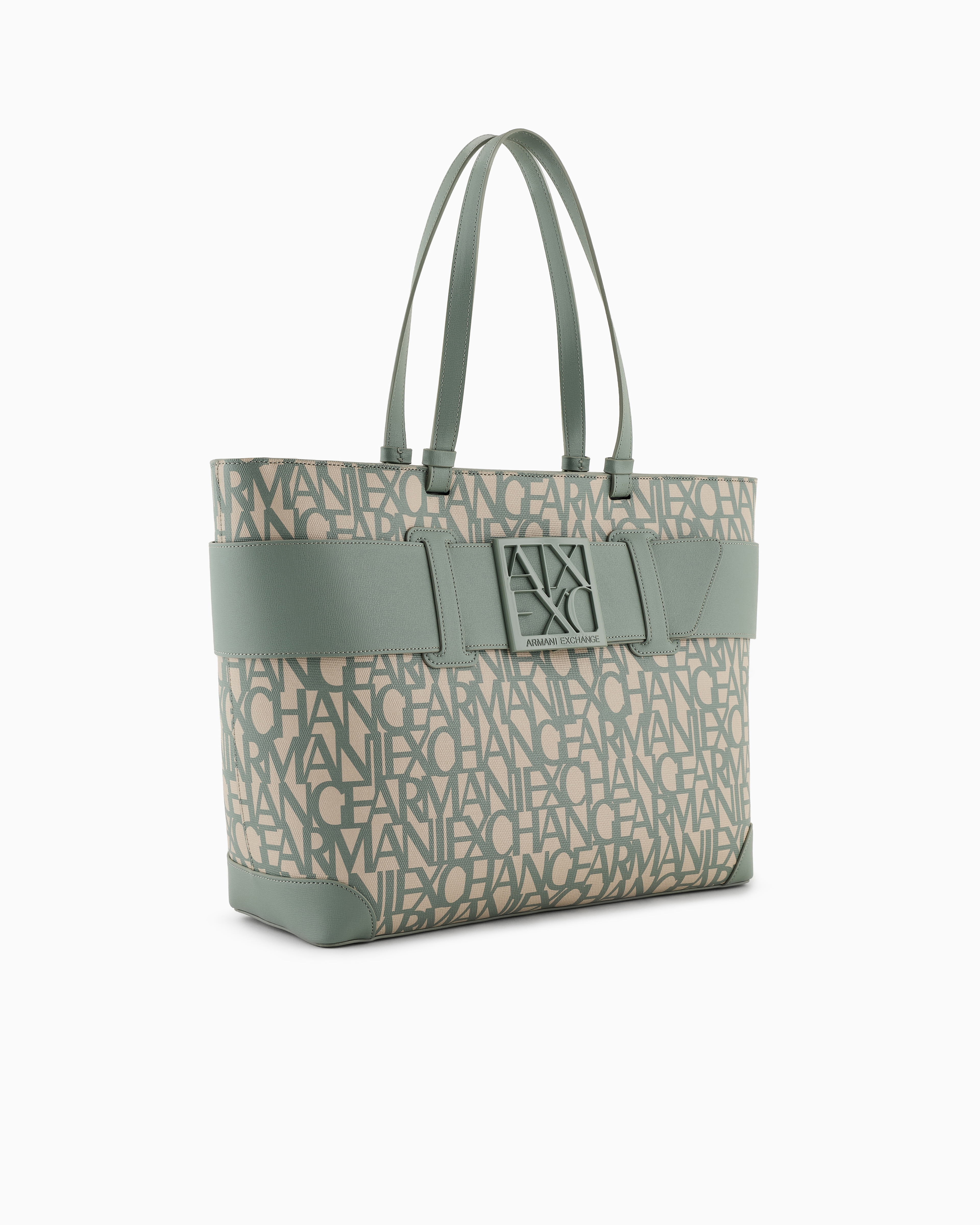 Armani Exchange Shopper Bag With Allover Contrasting Logo In Green