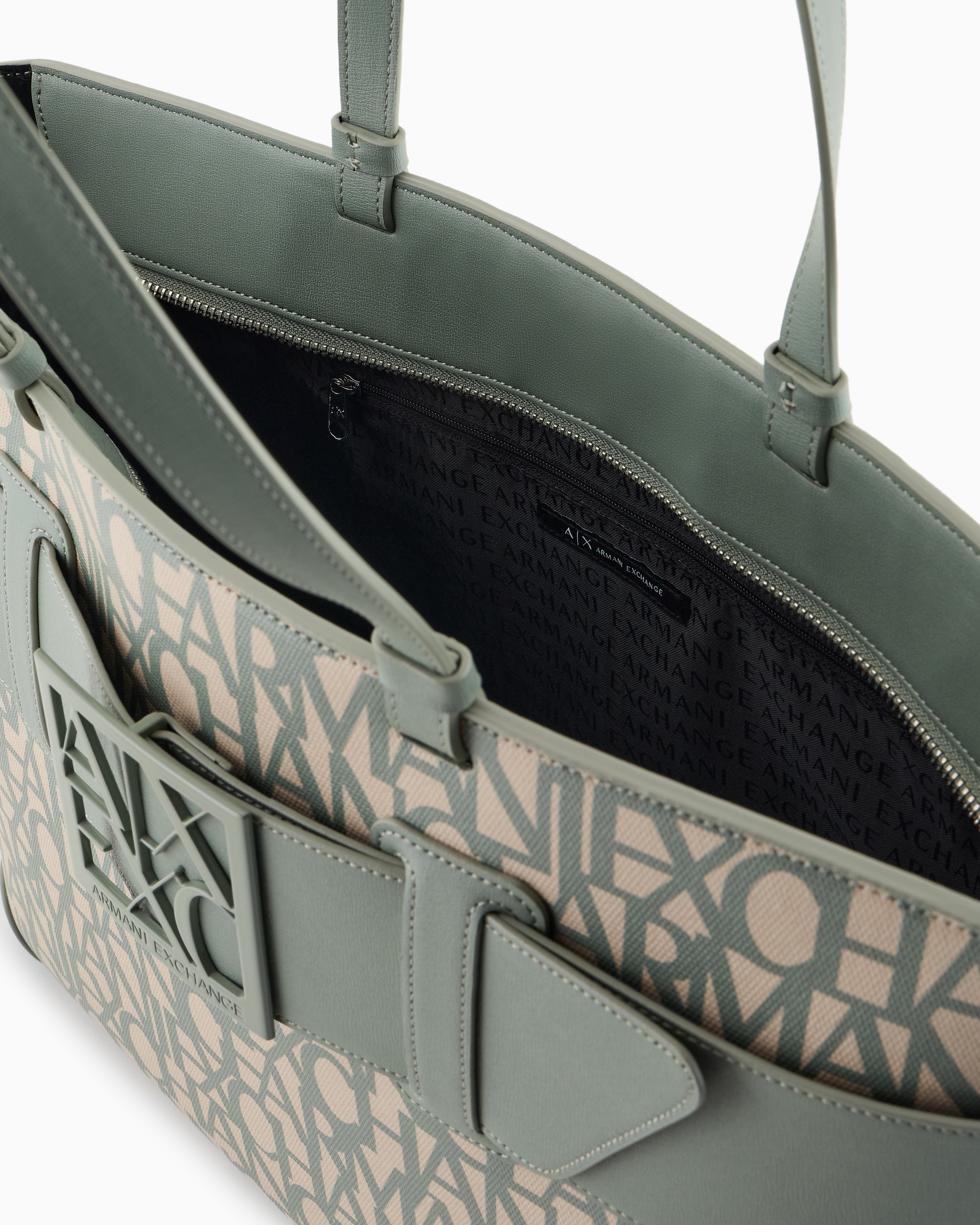 Armani Exchange Shopper Bag With Allover Contrasting Logo In Green