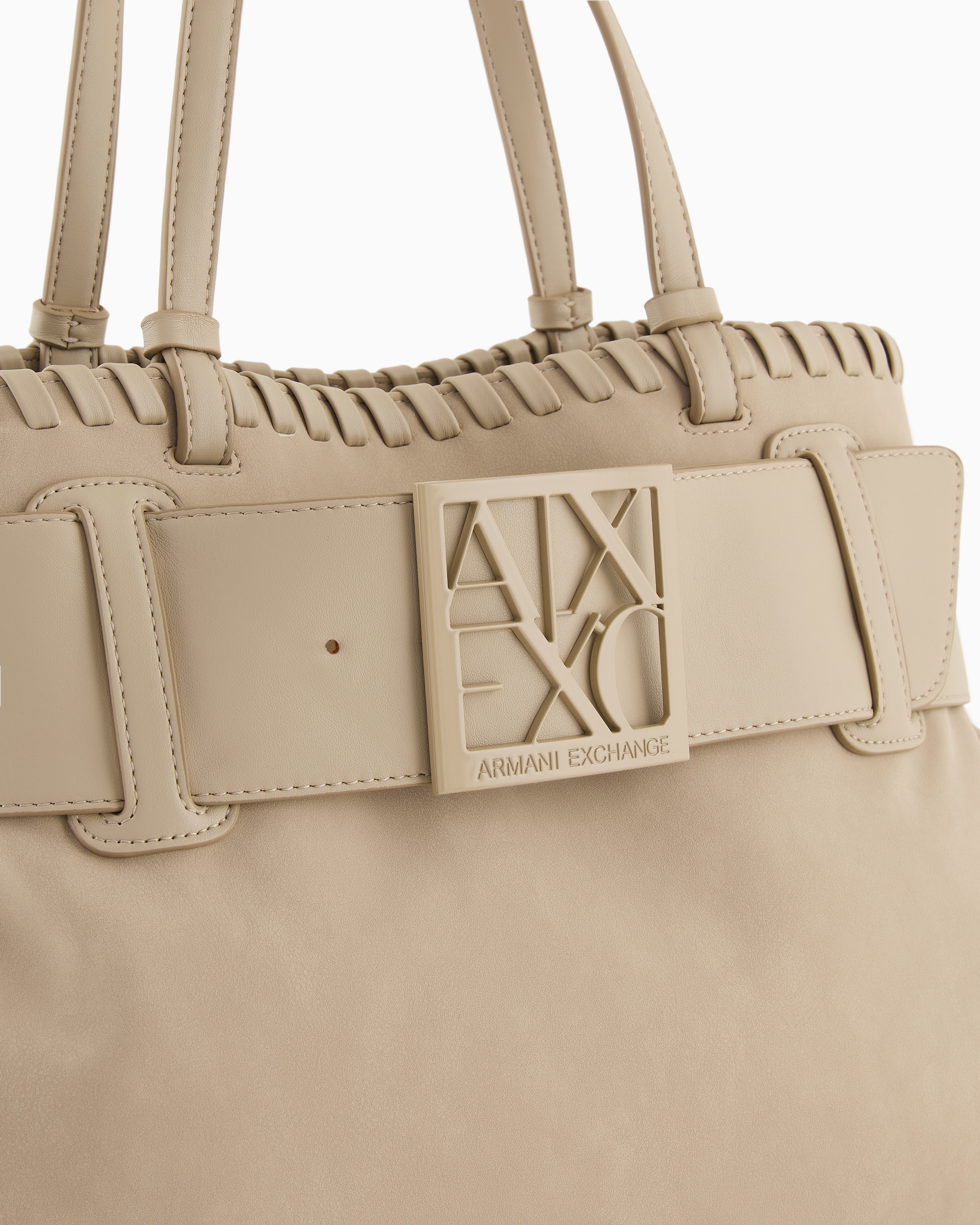 Armani Exchange Large Shoulder Bag With Asv Logo Detail In Beige