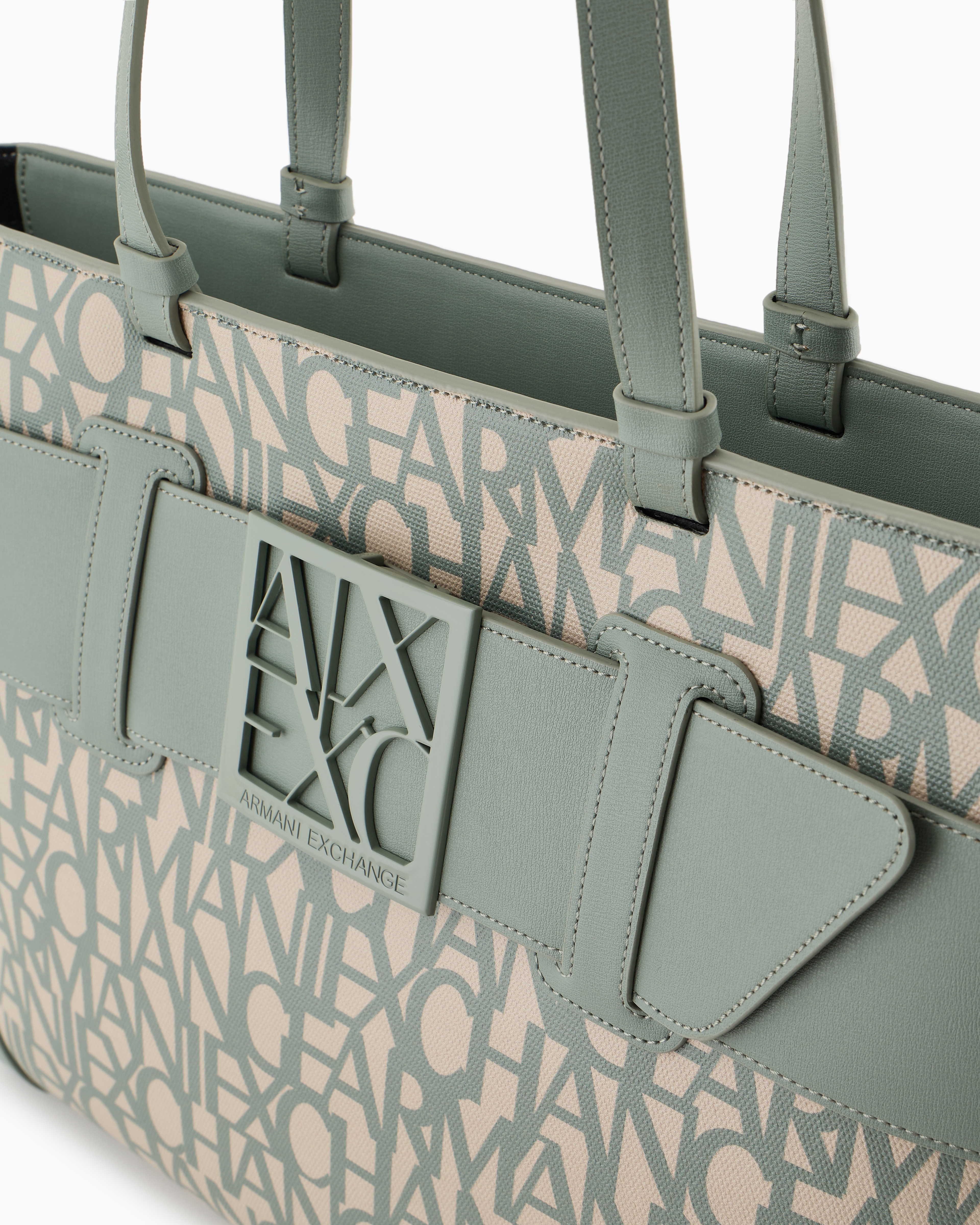 Armani Exchange Shopper Bag With Allover Contrasting Logo In Green