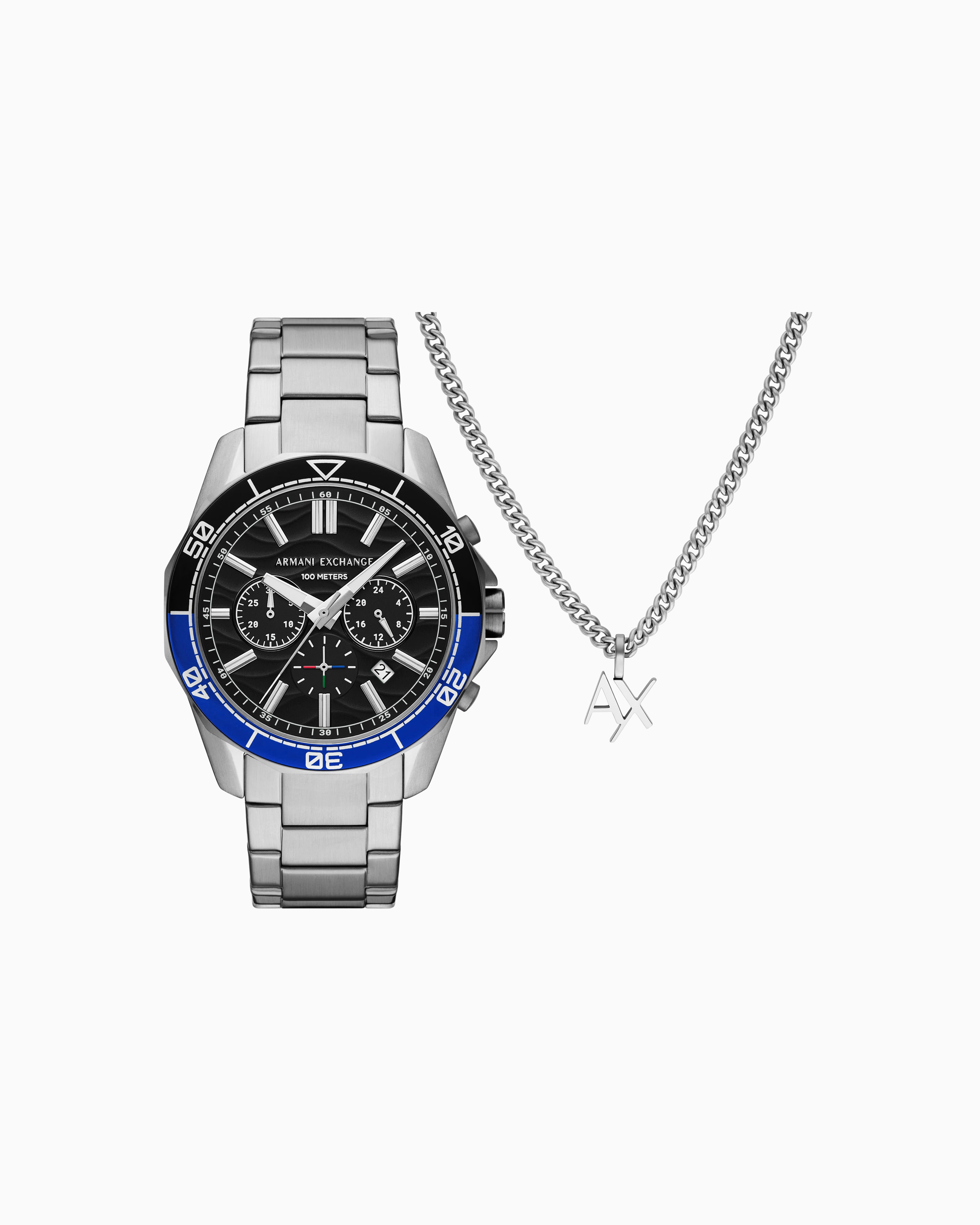 Armani Exchange Chronograph Stainless Steel Watch And Necklace Set In Multicolore