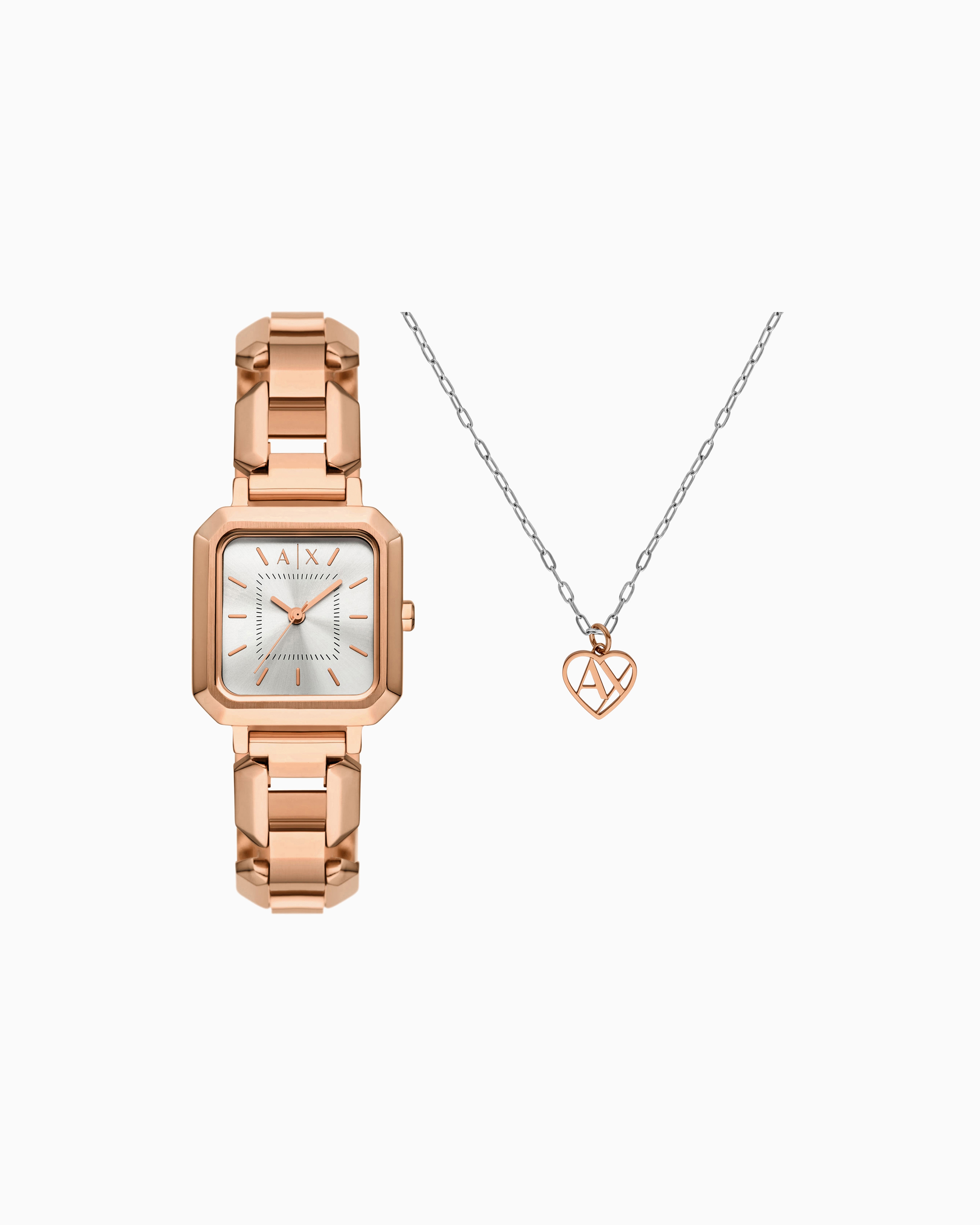 Armani Exchange Three-hand Rose Gold-tone Stainless Steel Watch And Necklace Set In Multicolore