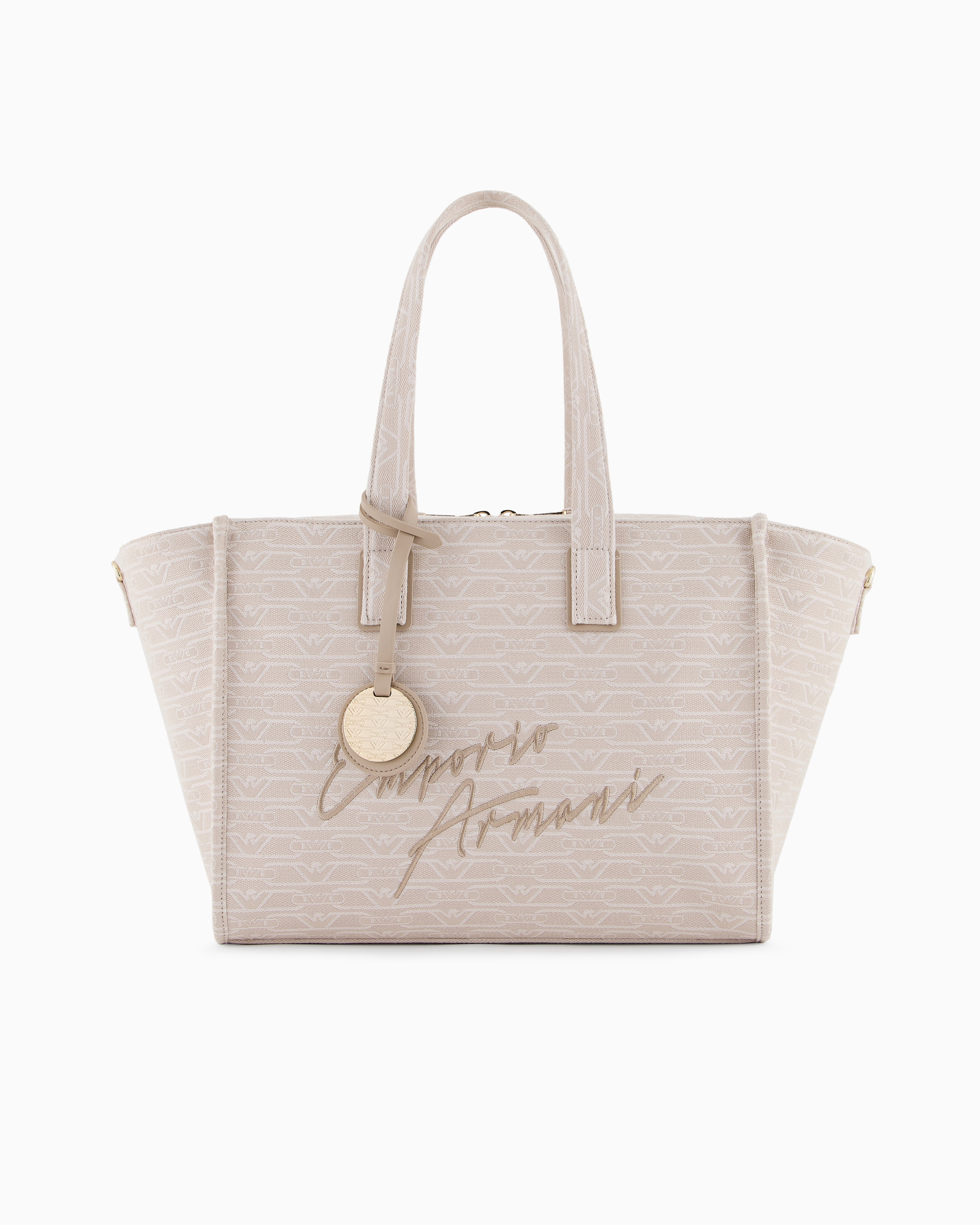Emporio Armani Medium Shopper Bag In Jacquard Canvas With All-over Monogram In Nude