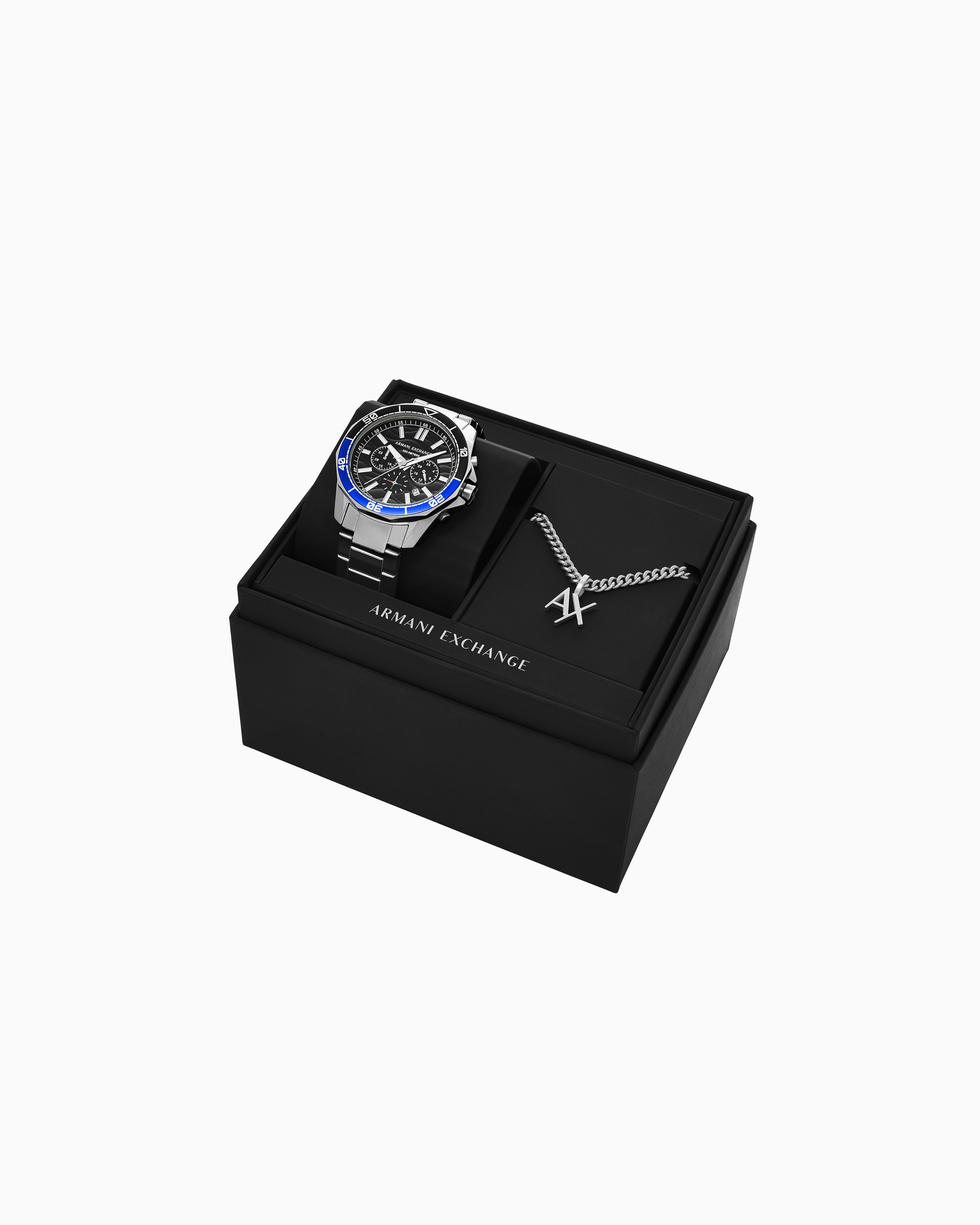 Armani Exchange Chronograph Stainless Steel Watch And Necklace Set In Multicolore