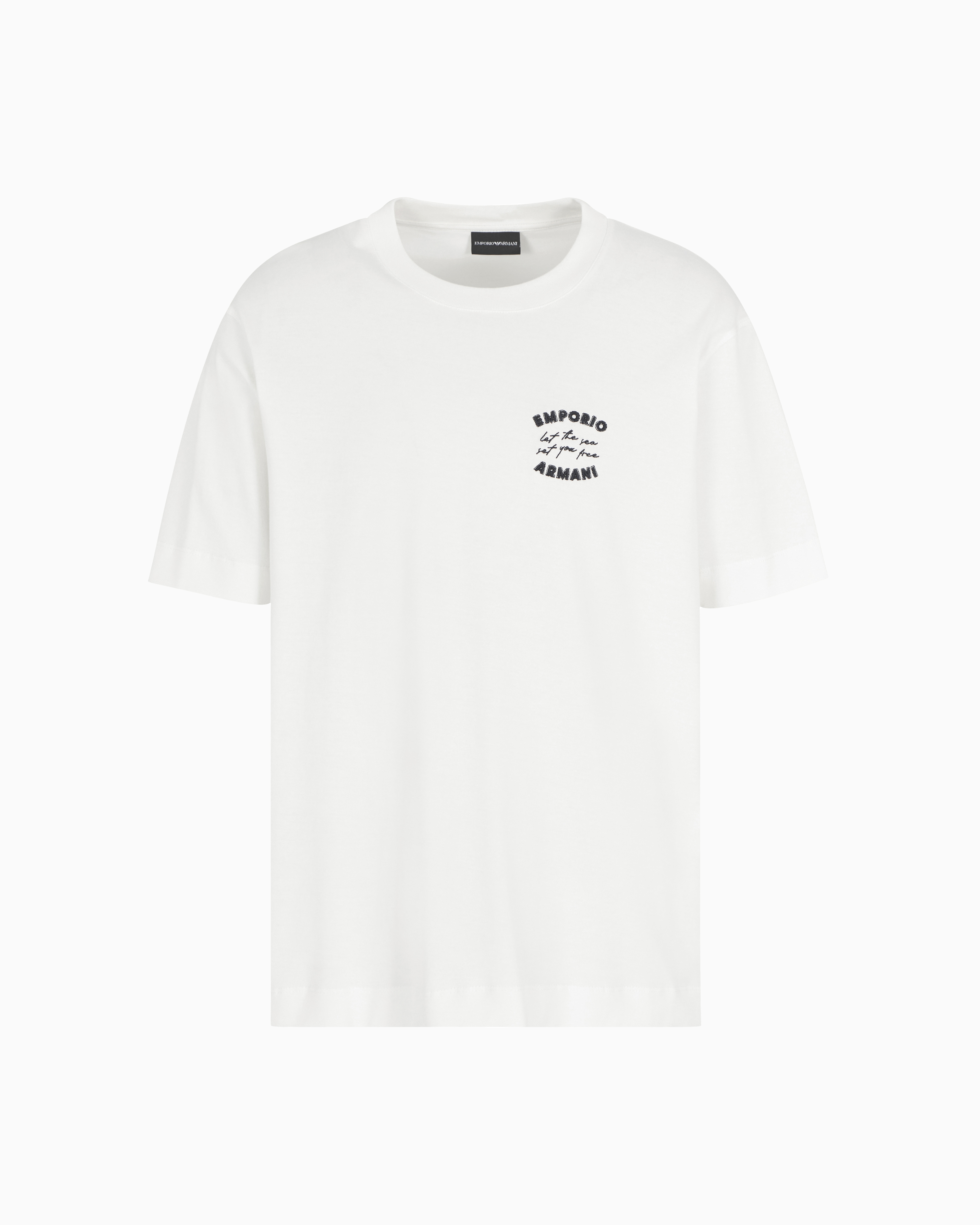 Emporio Armani Asv Jersey T-shirt With ‘let The Sea Set You Free' Embroidery In Weiss
