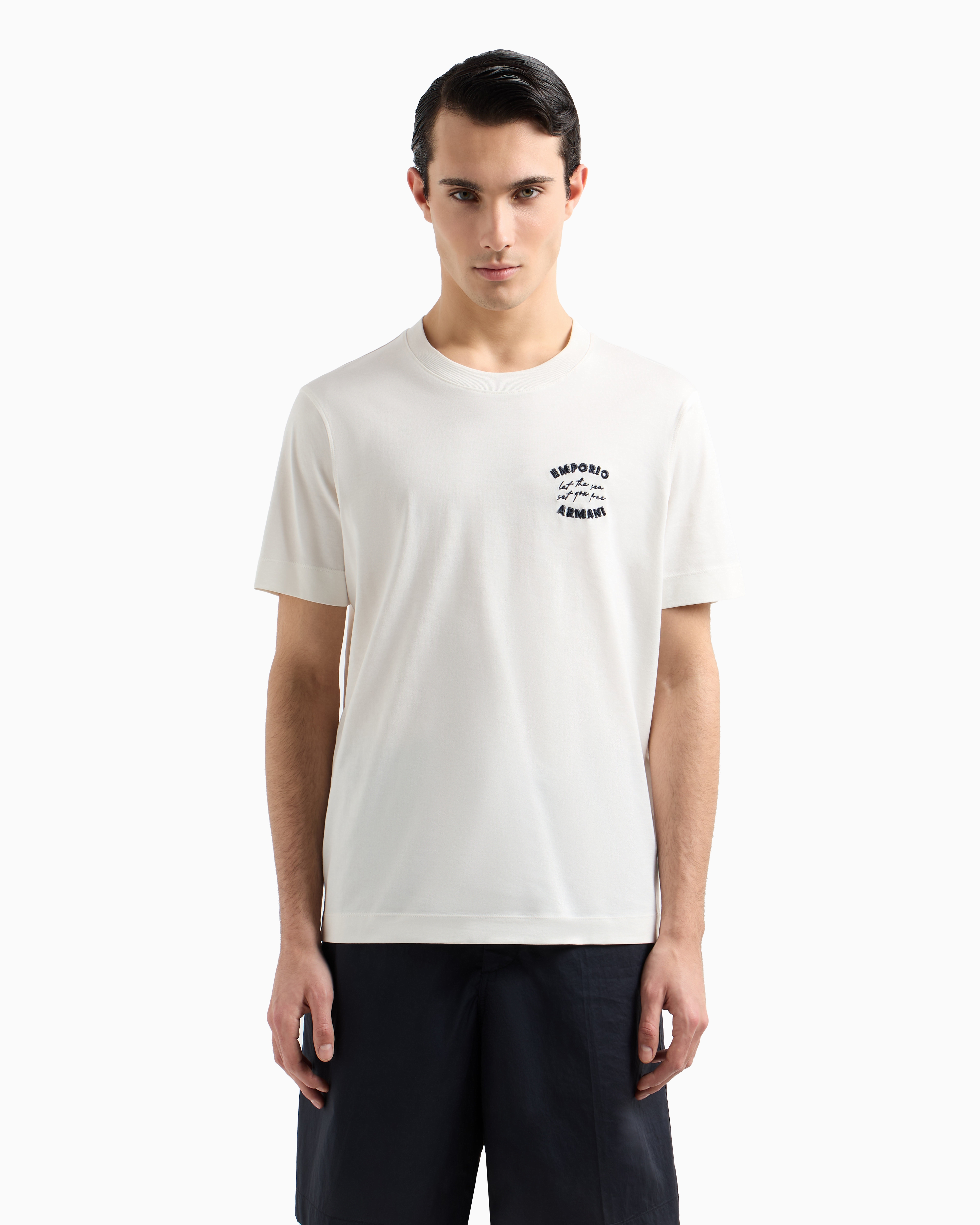 Emporio Armani Asv Jersey T-shirt With ‘let The Sea Set You Free' Embroidery In Weiss