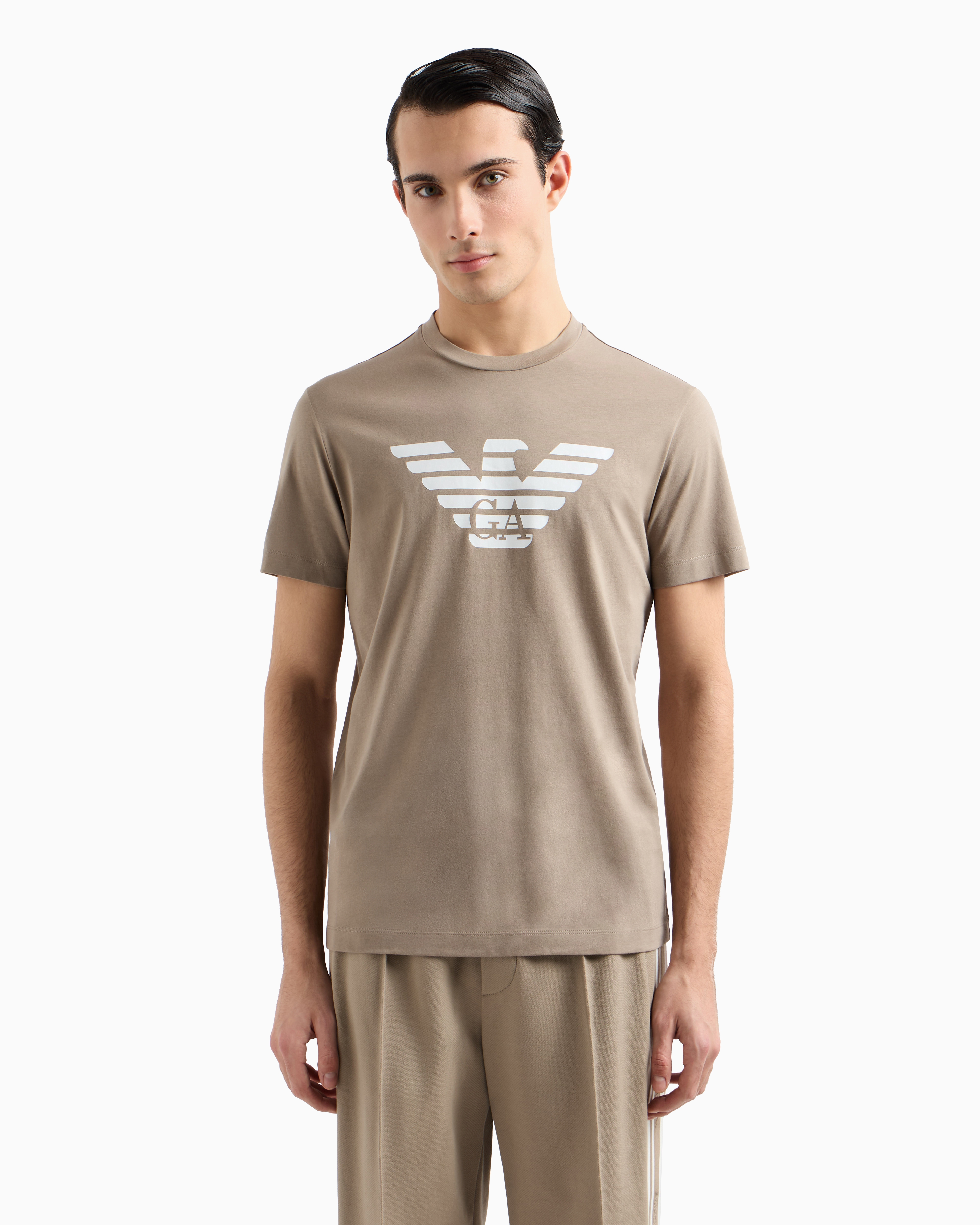 Emporio Armani Pima-jersey T-shirt With Logo Print In Beige