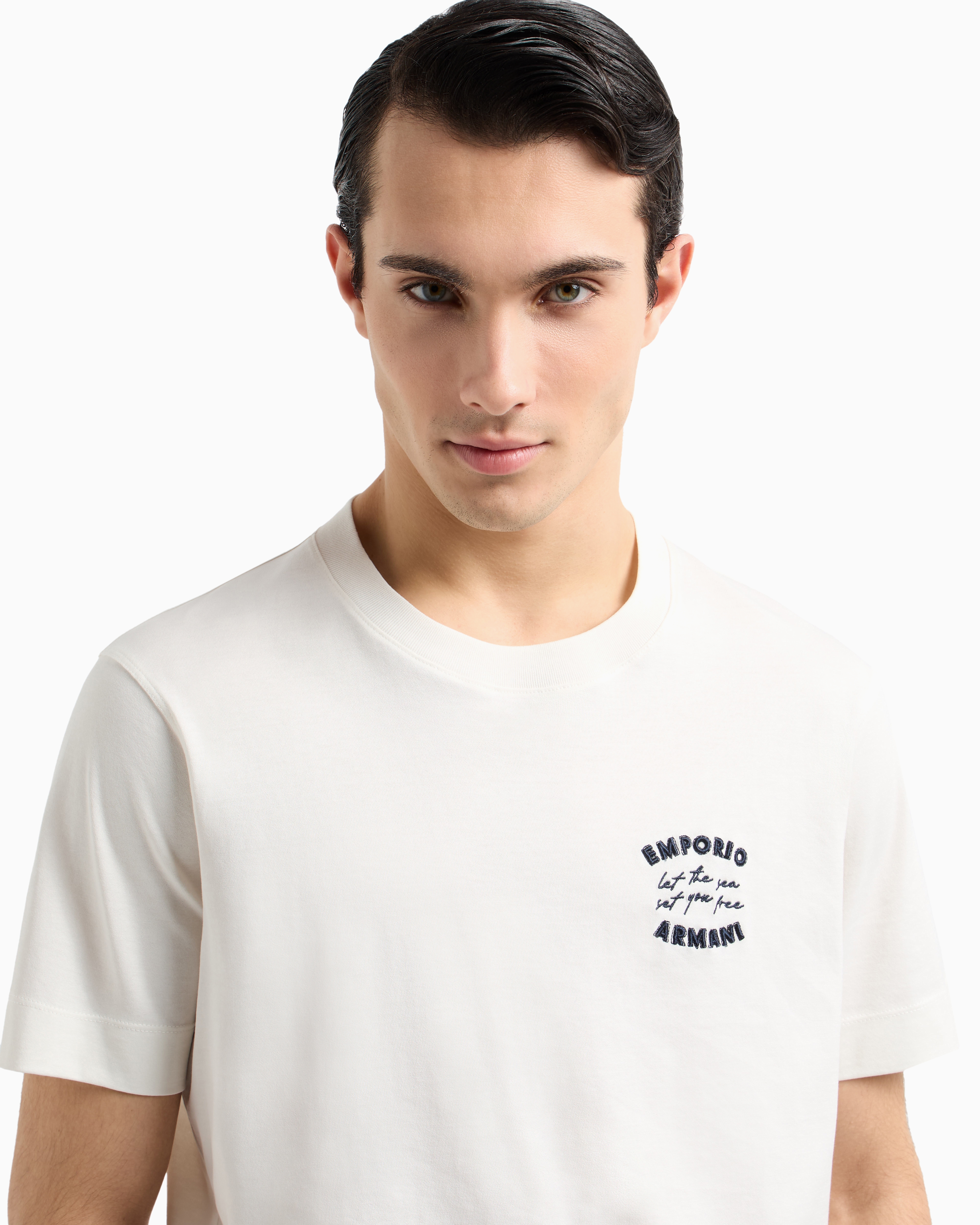 Emporio Armani Asv Jersey T-shirt With ‘let The Sea Set You Free' Embroidery In Weiss