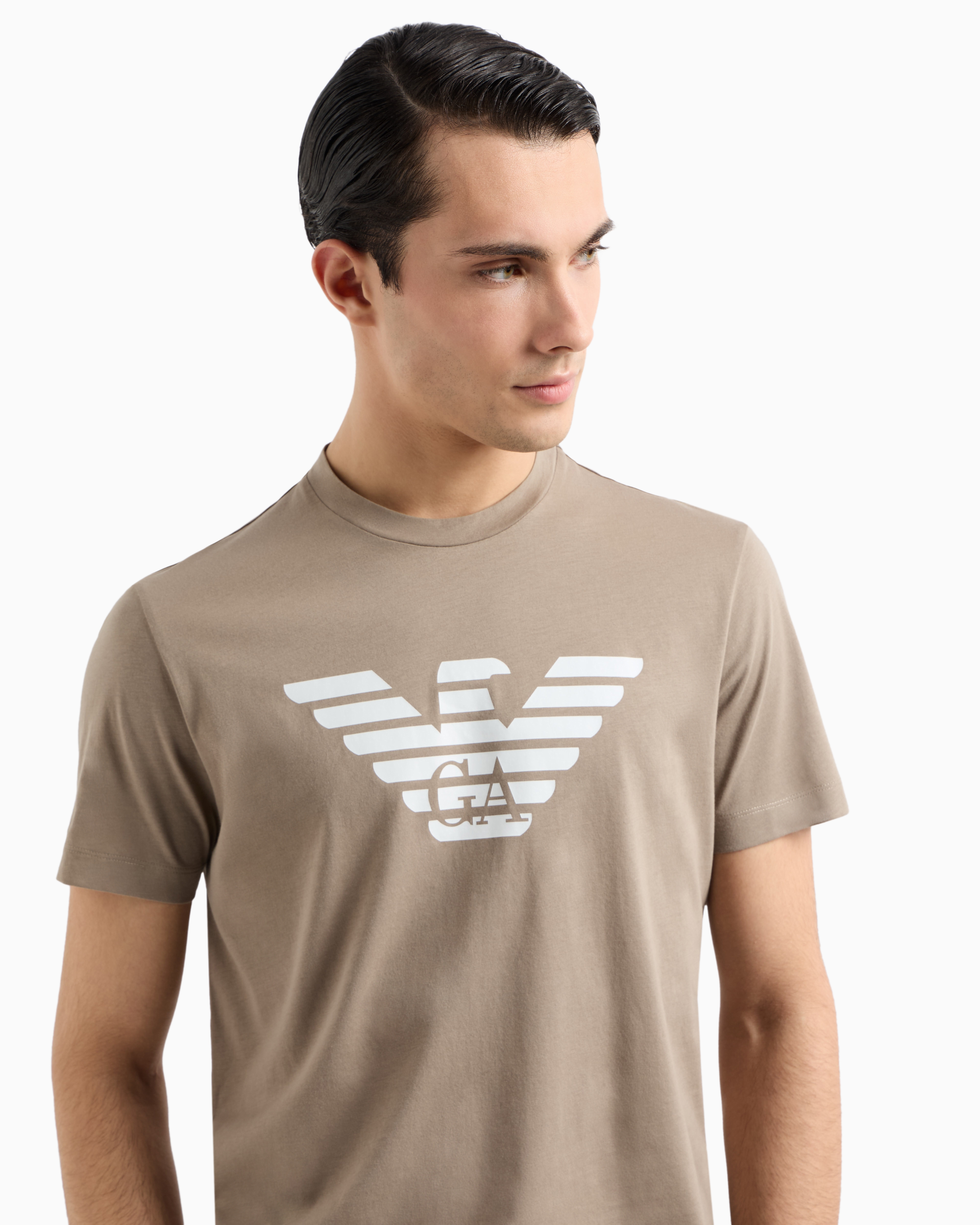 Emporio Armani Pima-jersey T-shirt With Logo Print In Beige