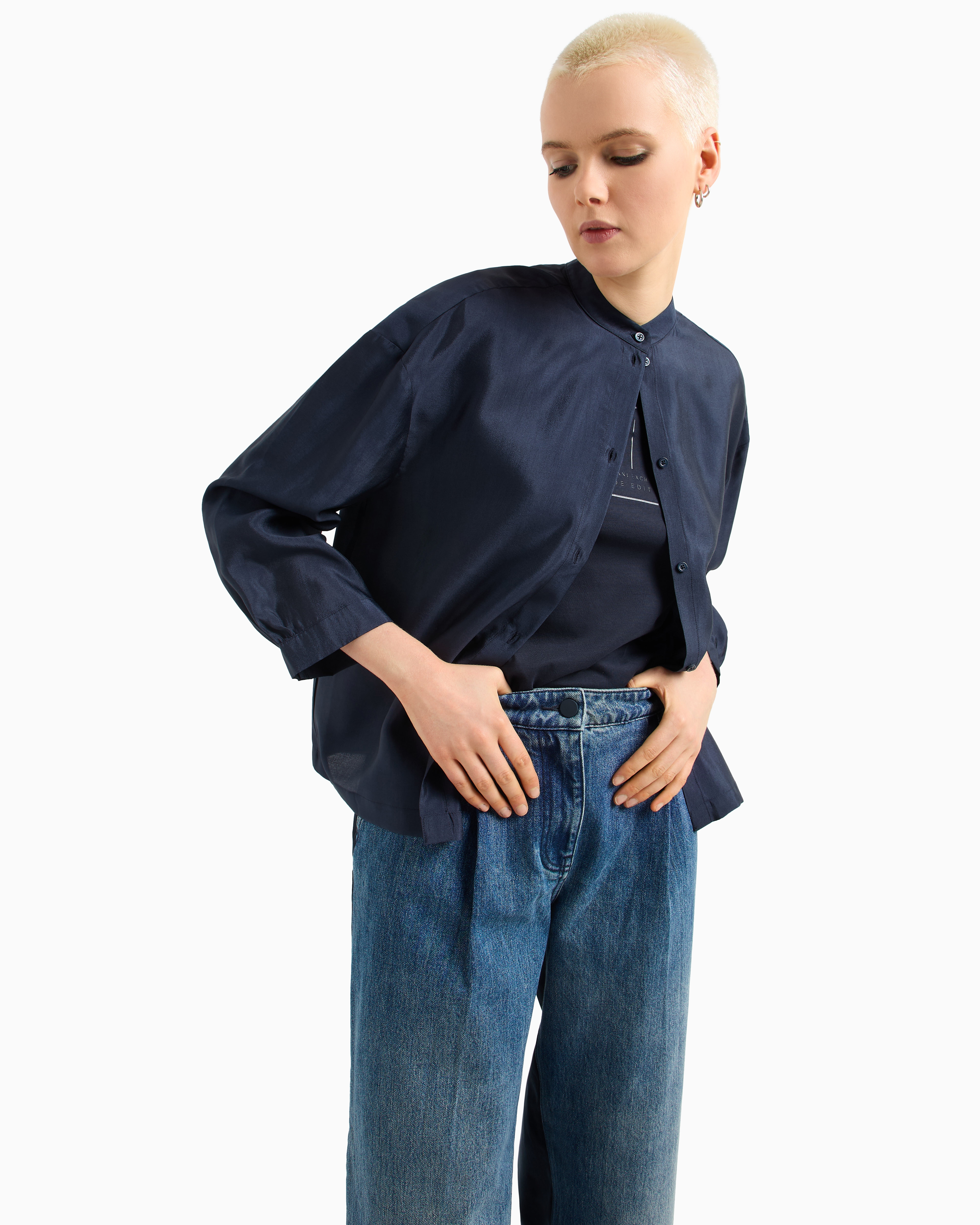 Armani Exchange - Oversized shirt fluid viscose, Woman, Navy Blue, Size: