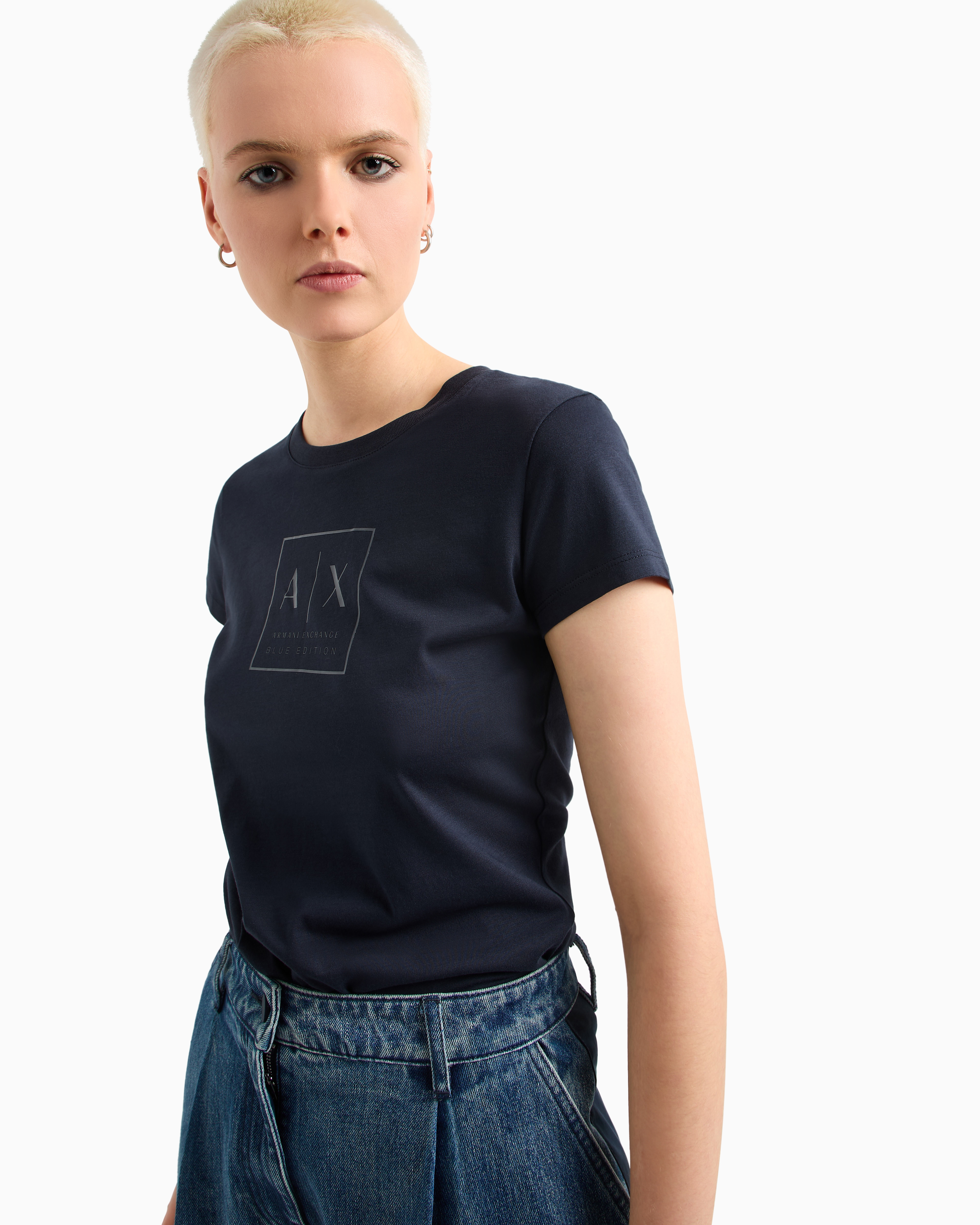 Armani Exchange -  Slim fit T-shirt with logo, Woman, Navy_blue, Size: