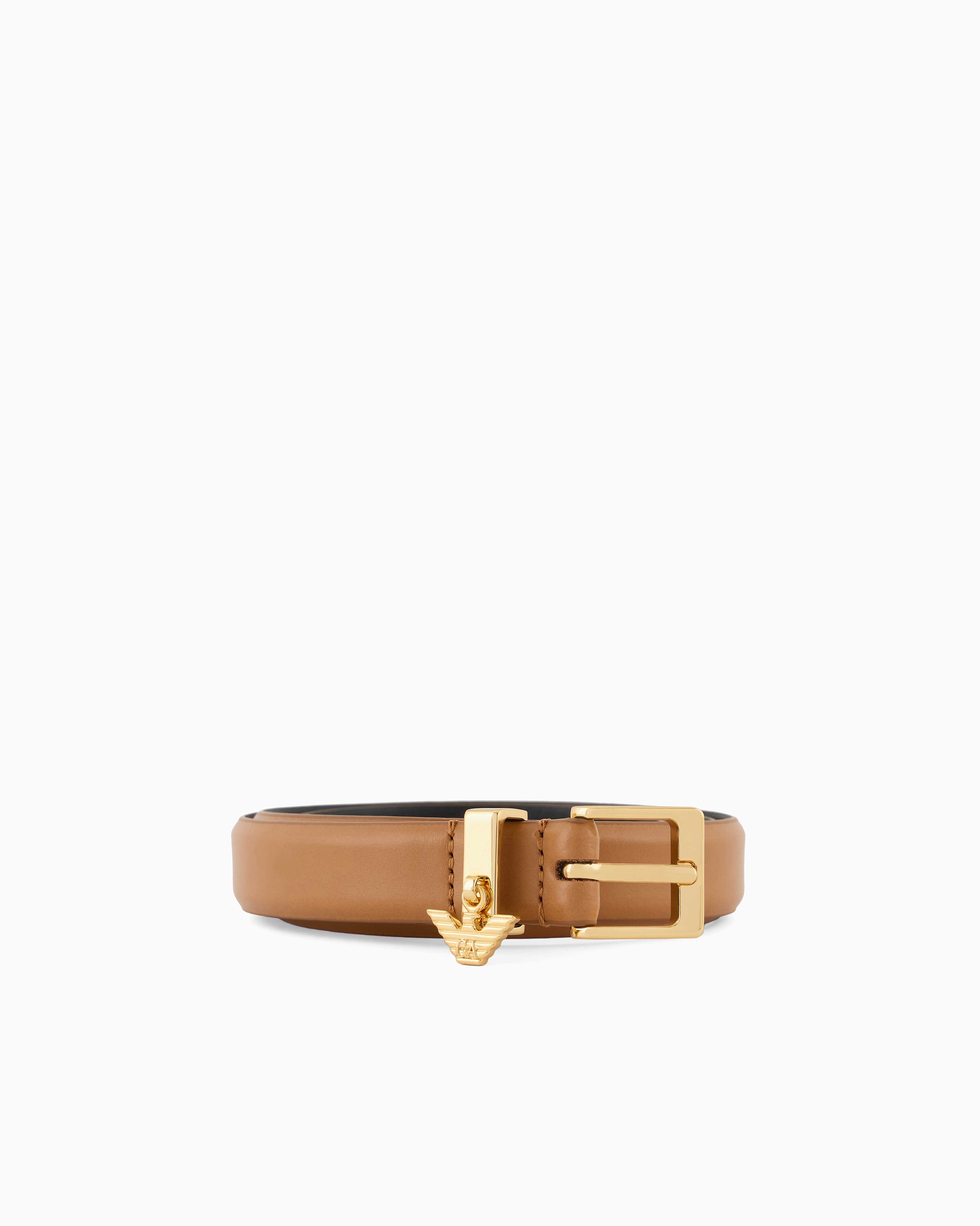 Emporio Armani Smooth Leather Belt With Eagle Logo Charm In Camel
