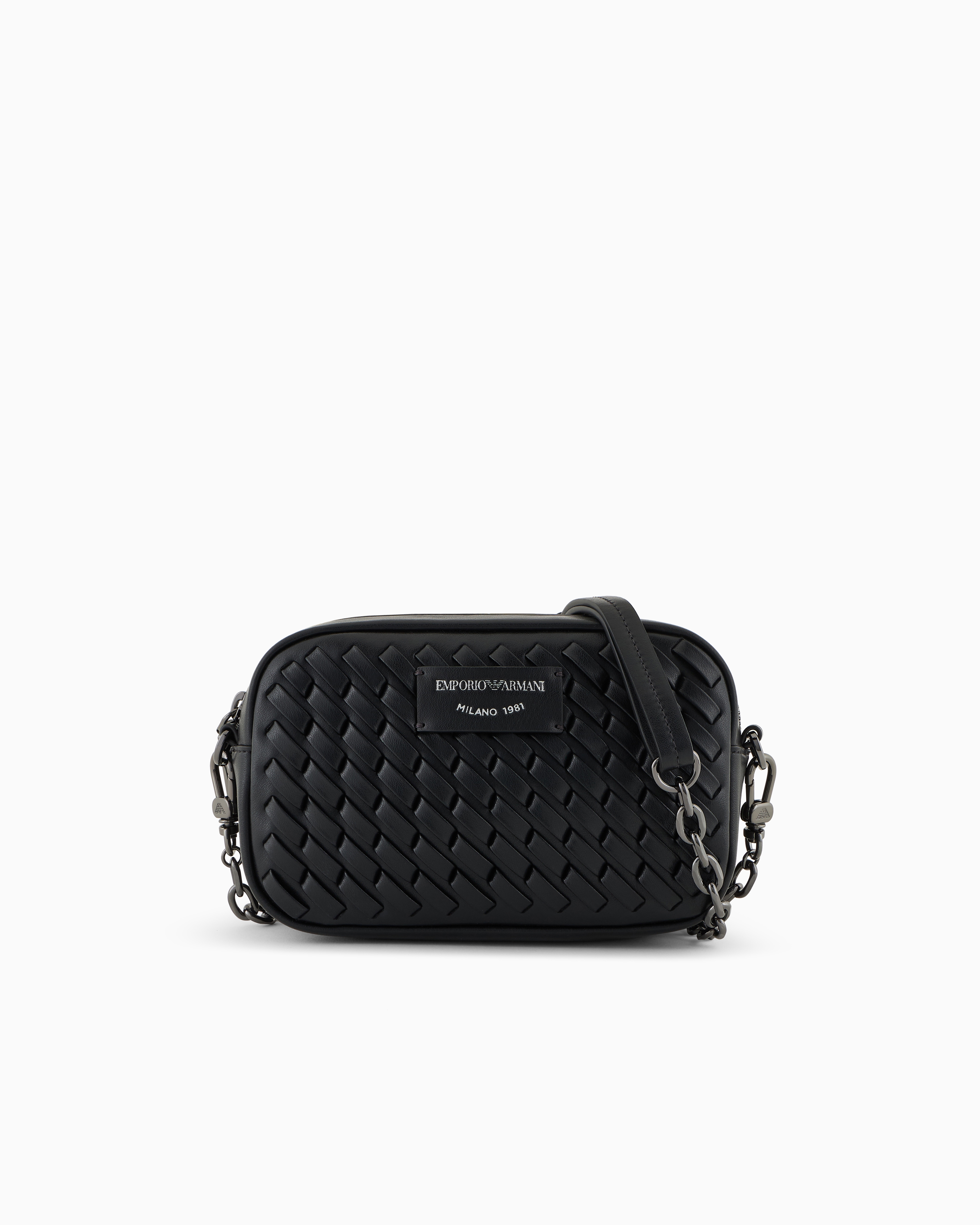 Emporio Armani Interwoven Leather Camera Case With Chain Shoulder Strap In Black