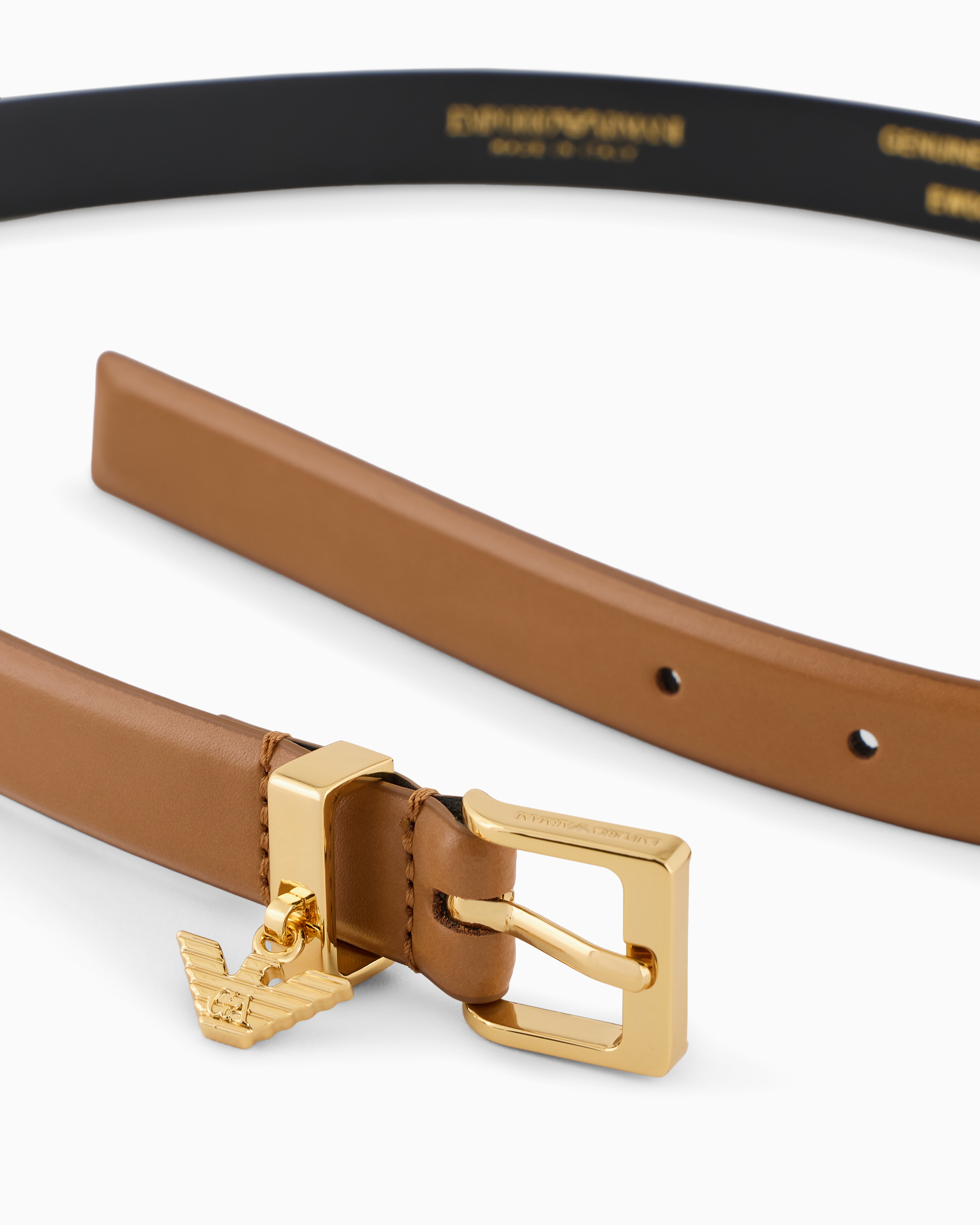 Emporio Armani Smooth Leather Belt With Eagle Logo Charm In Camel
