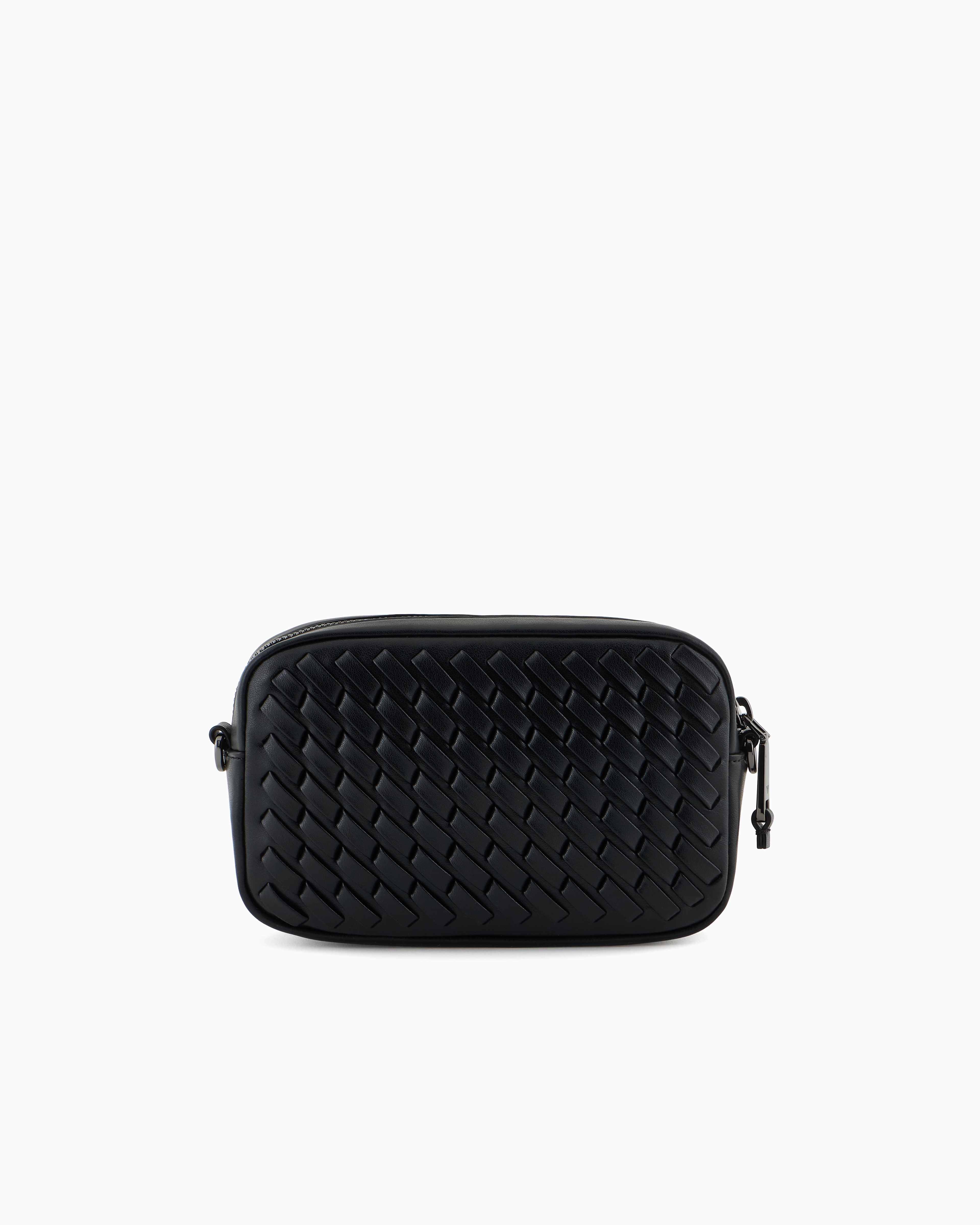 Emporio Armani Interwoven Leather Camera Case With Chain Shoulder Strap In Black