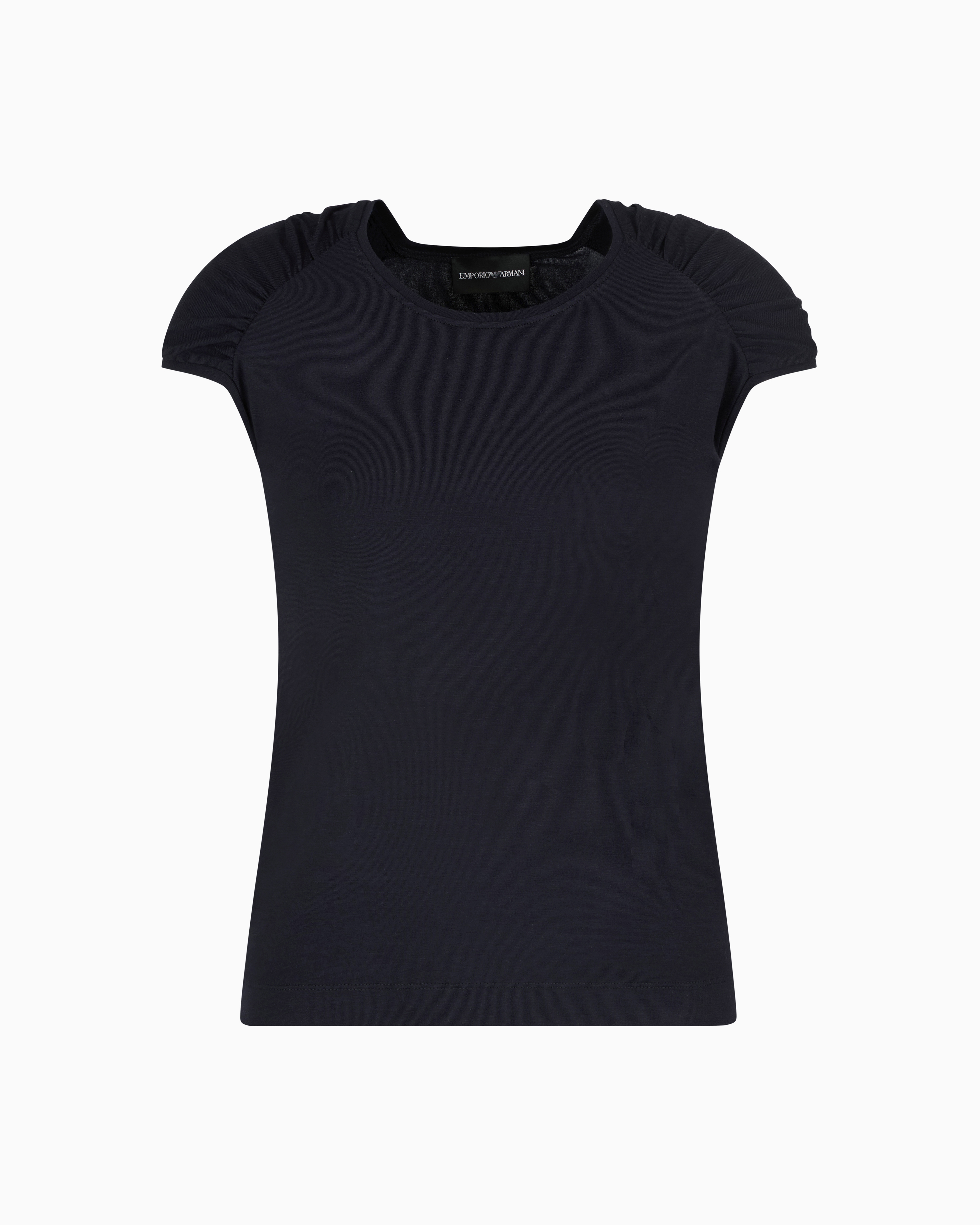 Emporio Armani Stretch-jersey T-shirt With Gathered Sleeves In Navy_blue