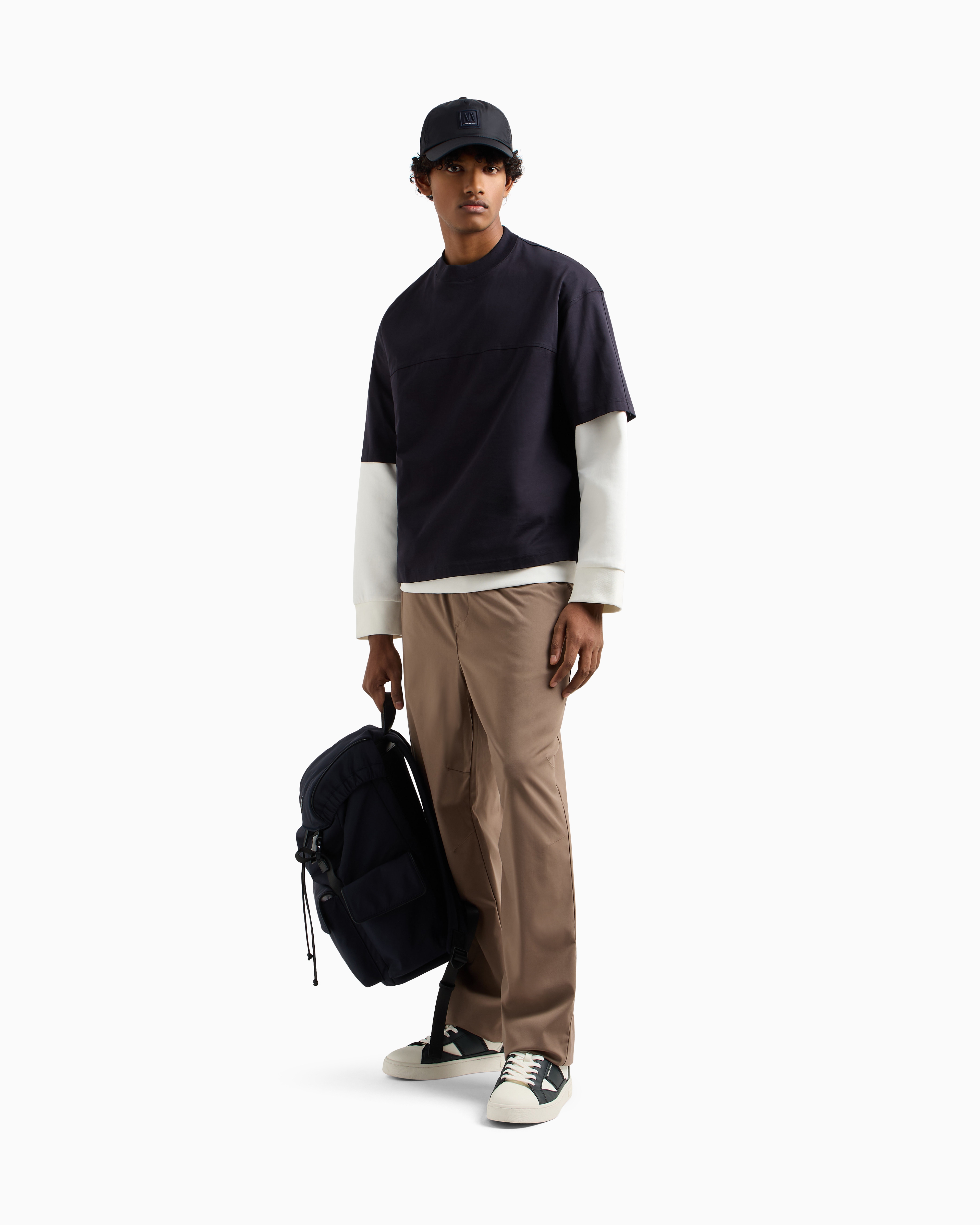 Armani Exchange Oversized Trousers In Poly Fabric In Beige
