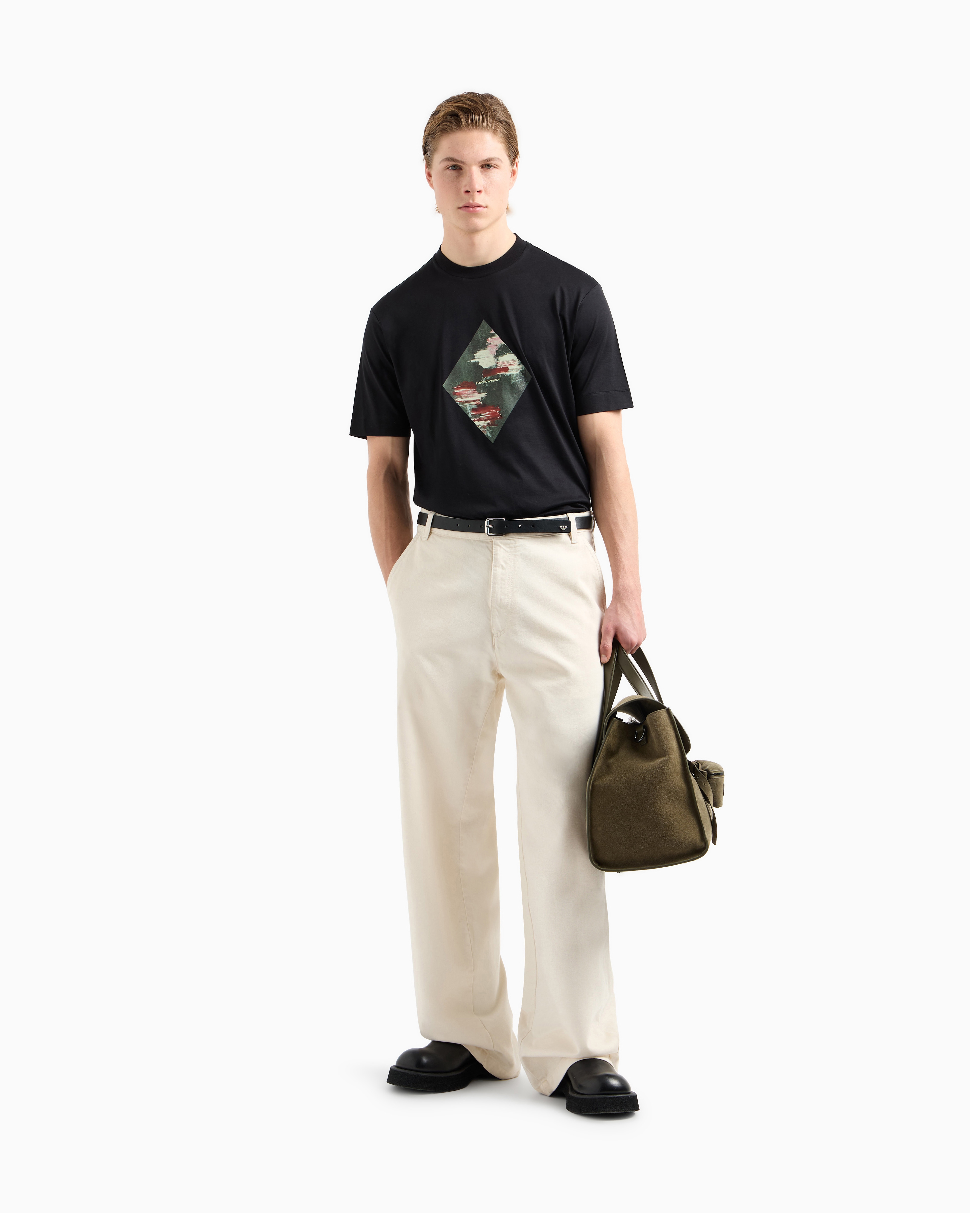 Emporio Armani Asv Lyocell-blend Jersey T-shirt With Abstract Print In Black