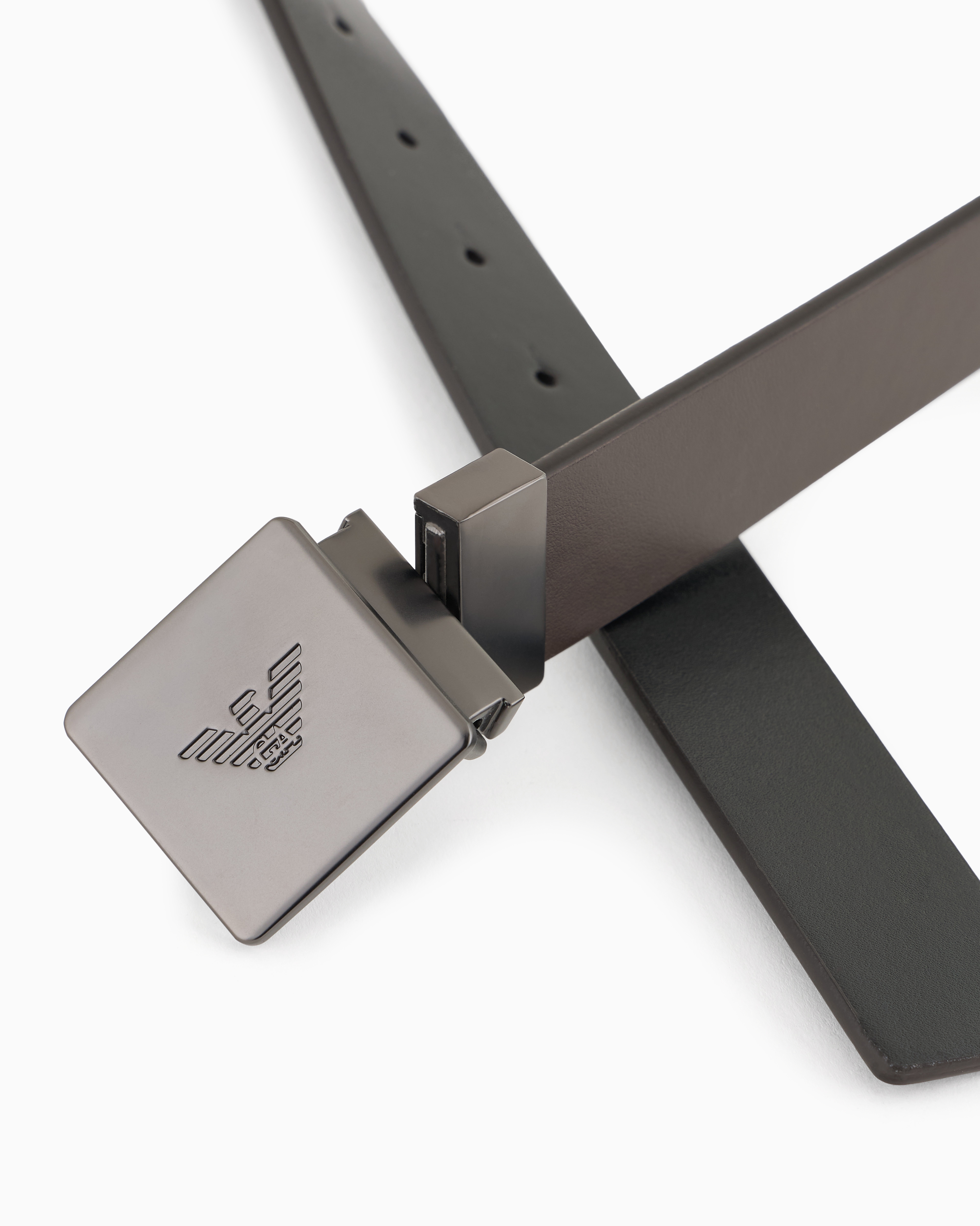 Emporio Armani Reversible Belt In Two-tone Leather With Plate In Brown