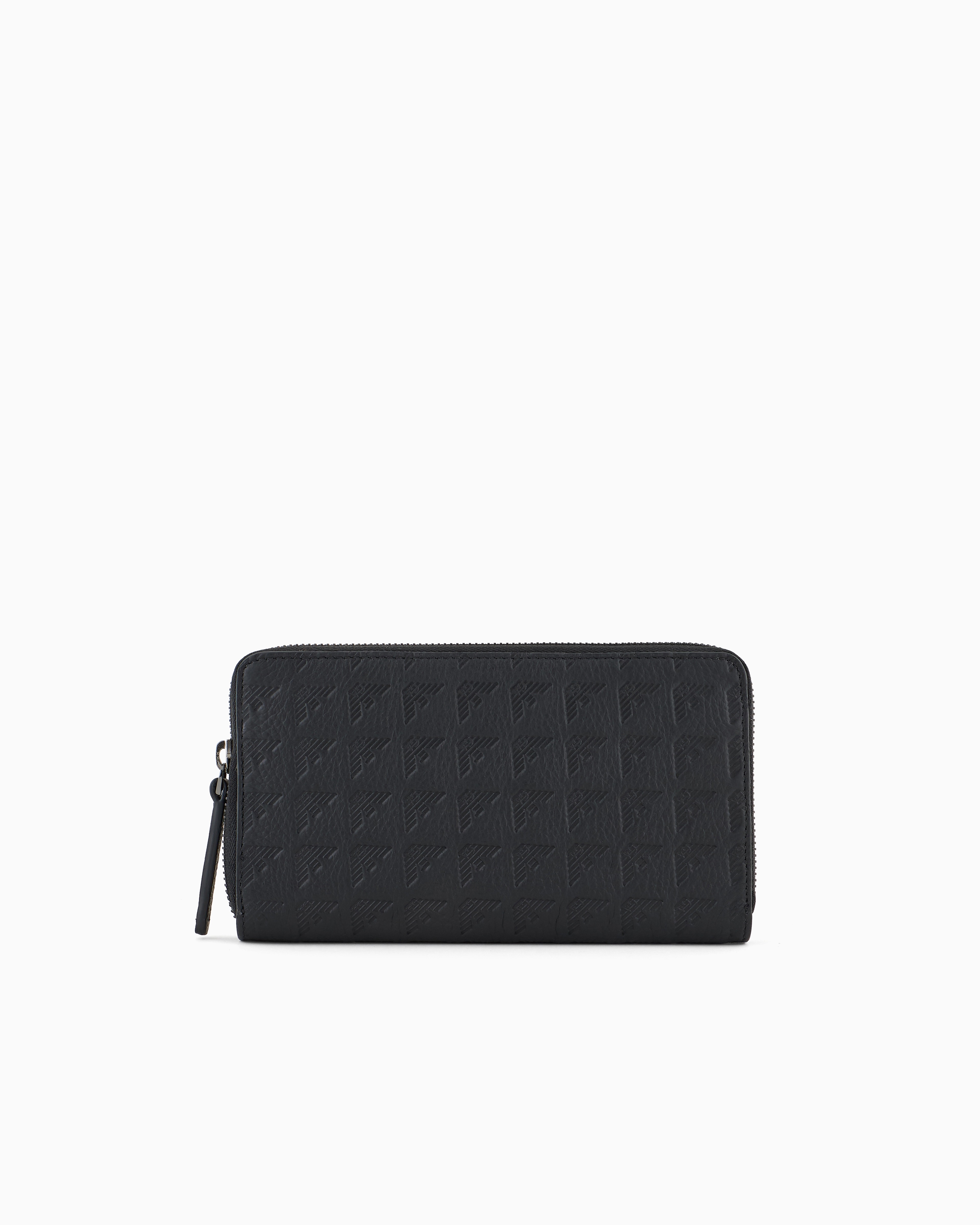 Emporio Armani Zip-around Leather Wallet With All-over Embossed Eagle In Black