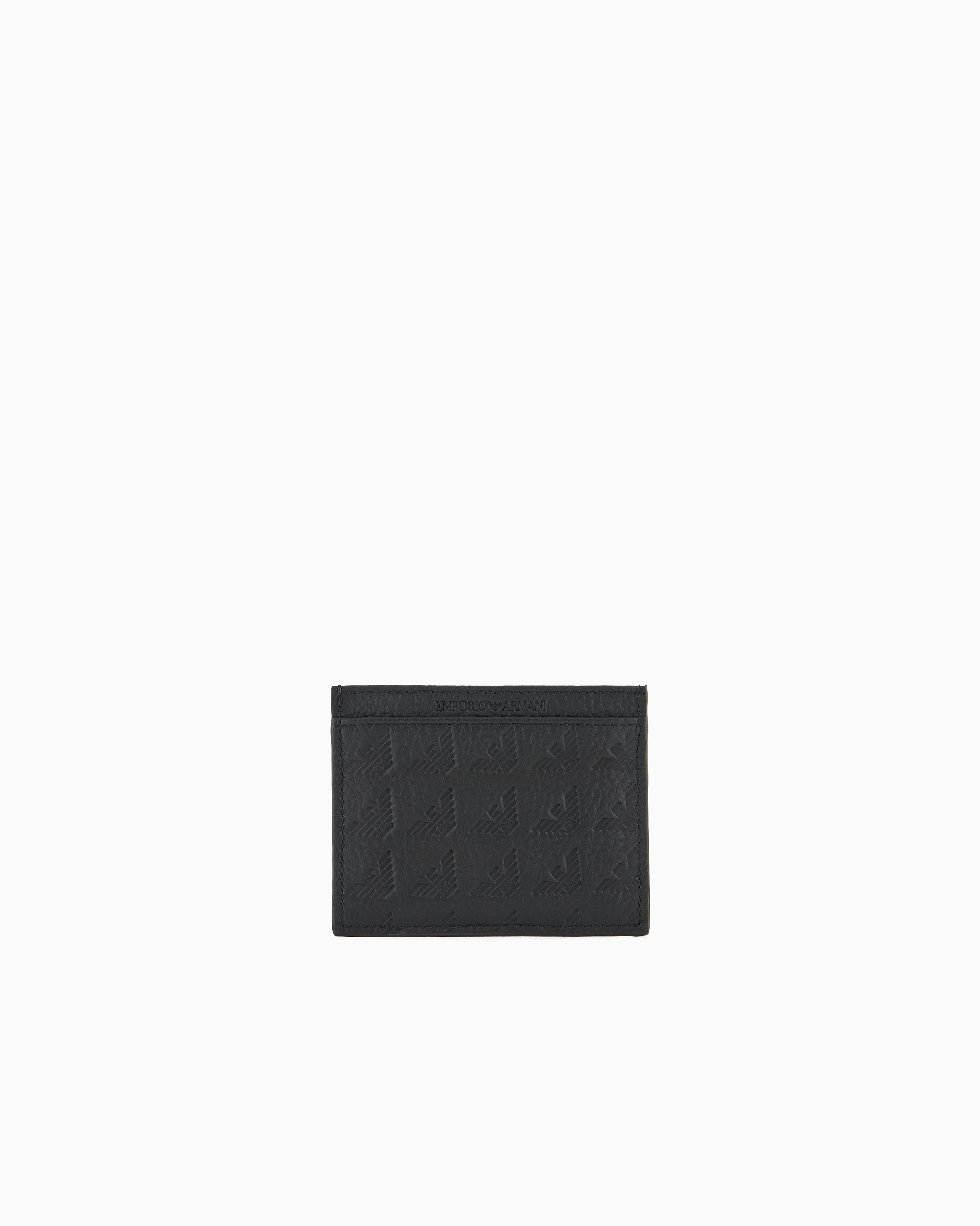 Emporio Armani Leather Card Holder With All-over Embossed Eagle In Black