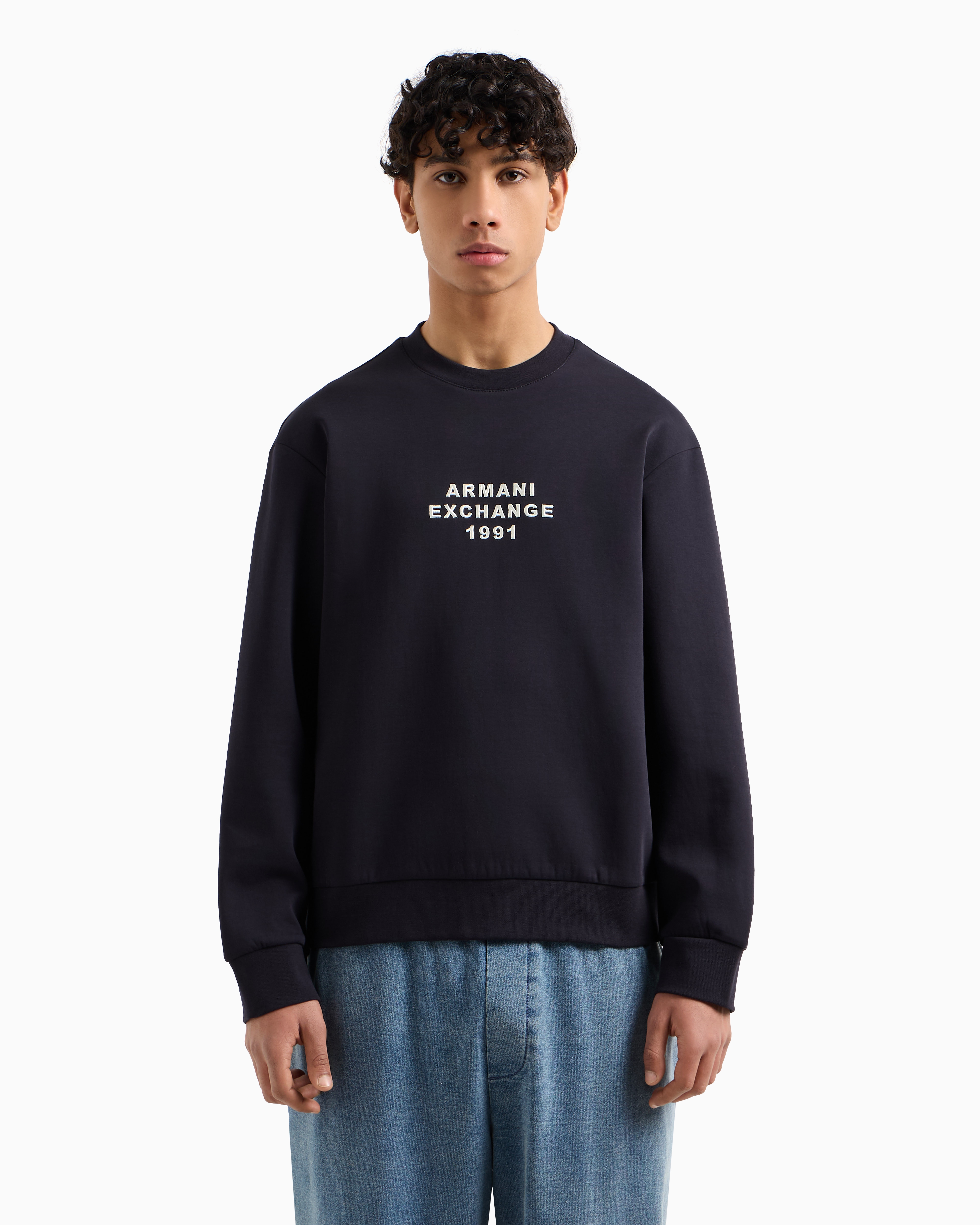 Armani Exchange - Crewneck sweatshirt bonded stretch fabric, Man, Navy Blue, Size: