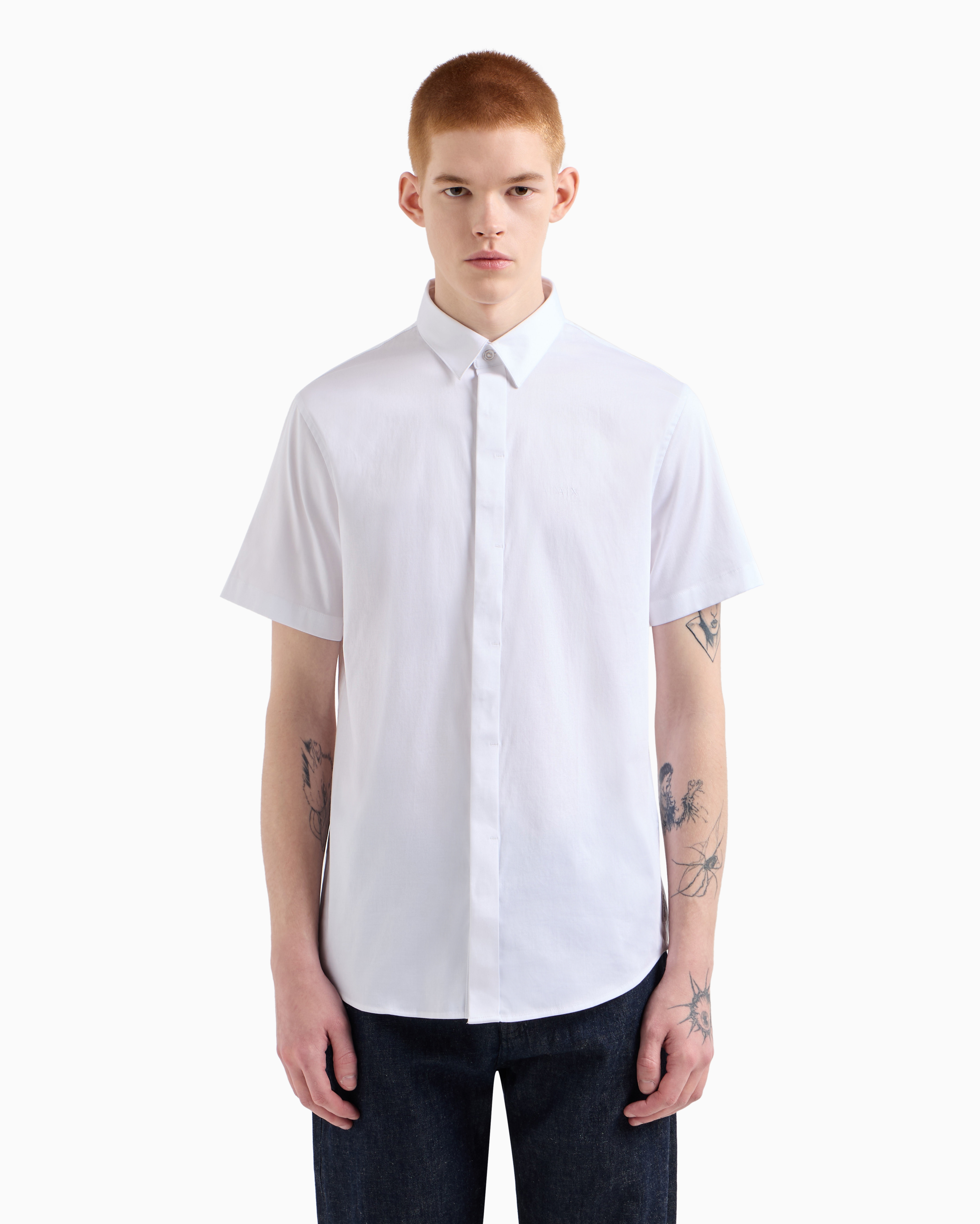 Armani Exchange - Slim fit short sleeve shirt in stretch satin, Man, White, Size: L