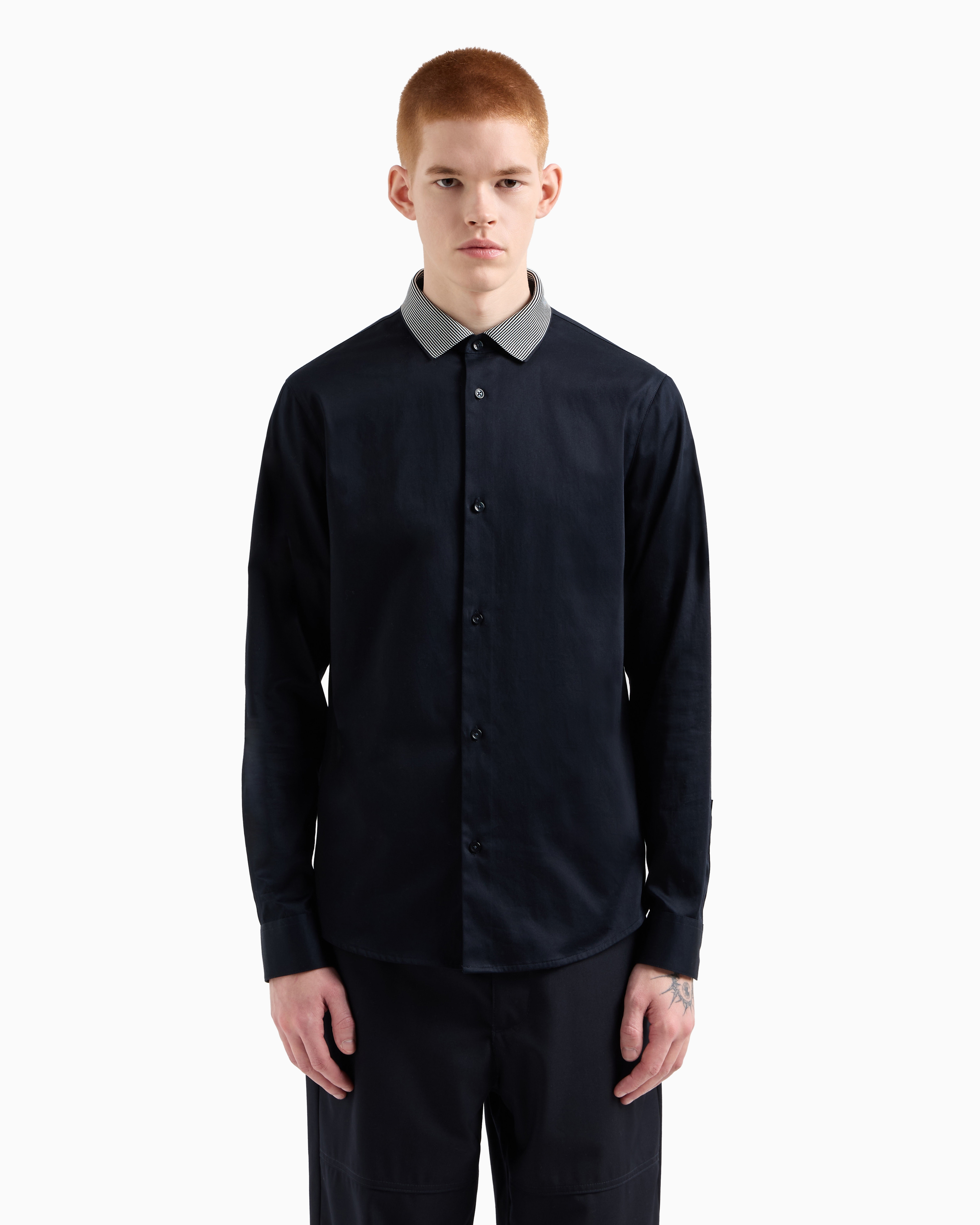 Armani Exchange - Slim fit stretch cotton shirt with contrasting collar, Man, Navy_blue, Size:
