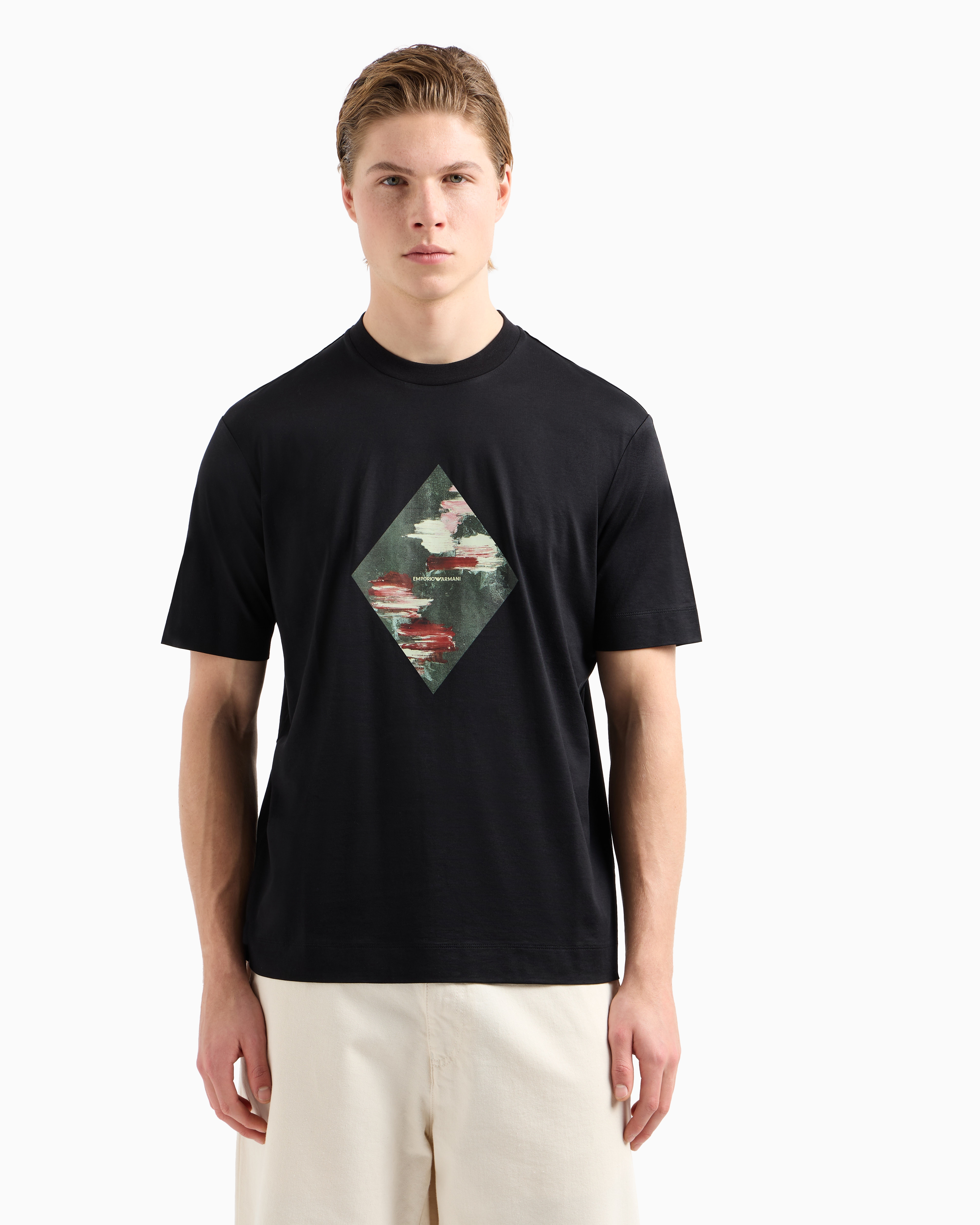 Emporio Armani Asv Lyocell-blend Jersey T-shirt With Abstract Print In Black