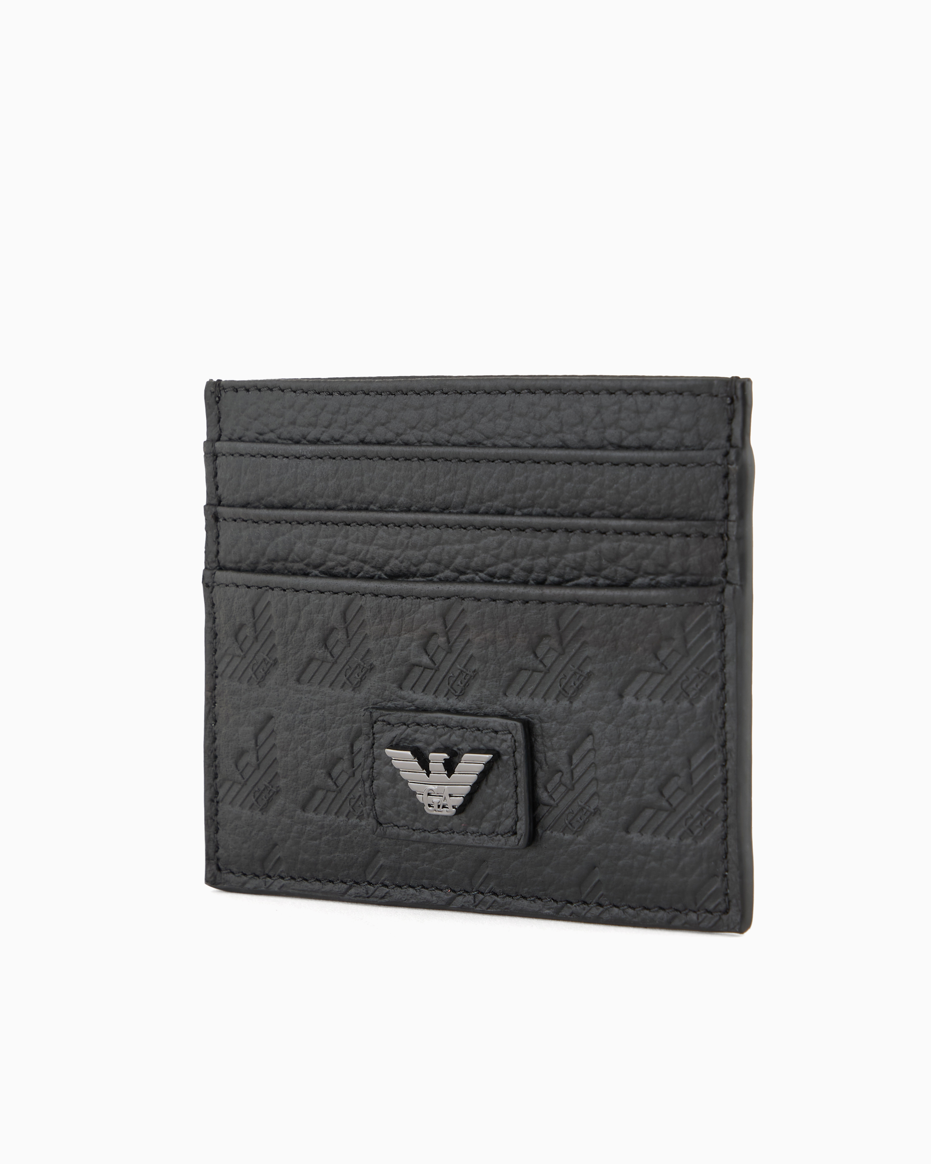 Emporio Armani Leather Card Holder With All-over Embossed Eagle In Black
