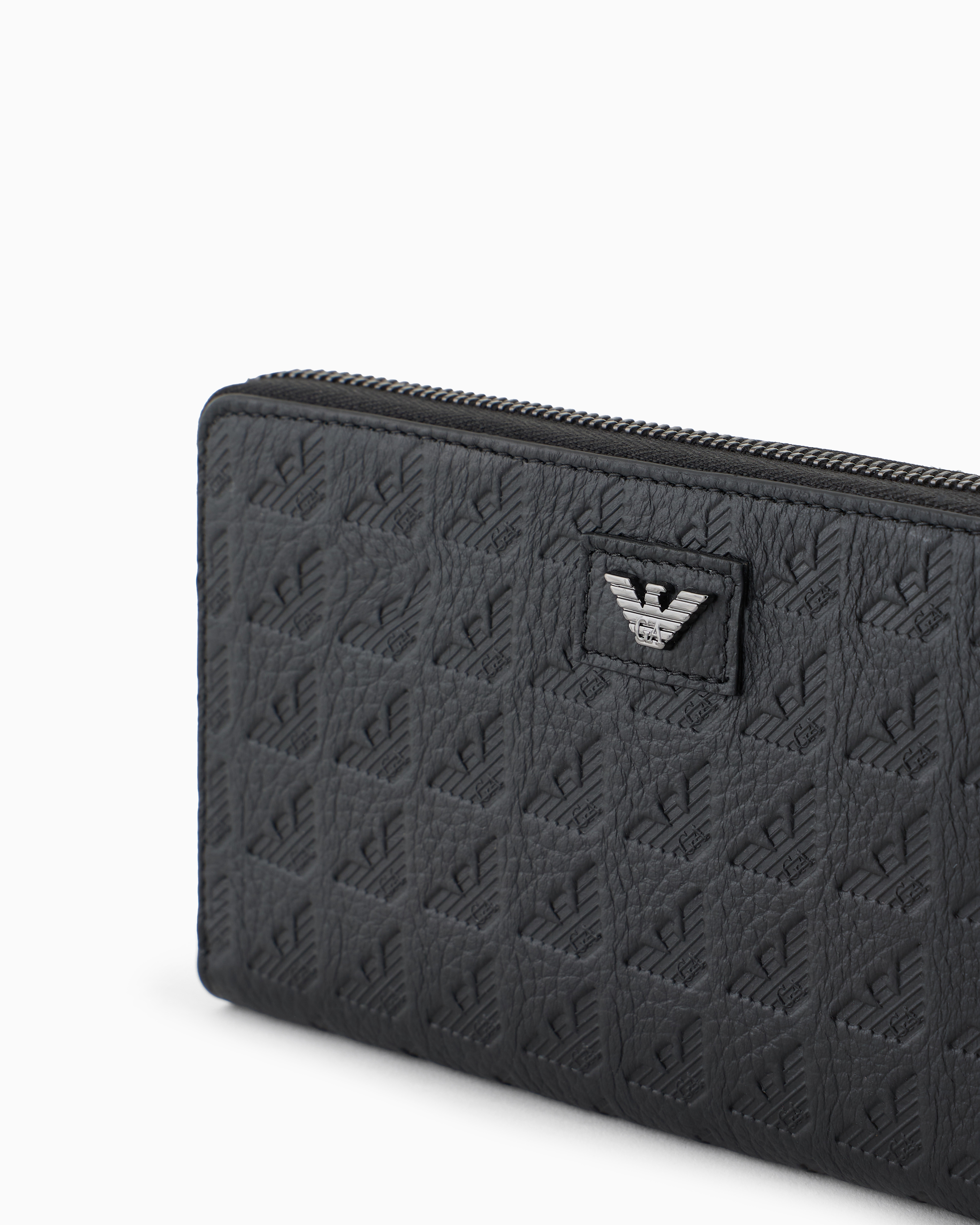 Emporio Armani Zip-around Leather Wallet With All-over Embossed Eagle In Black