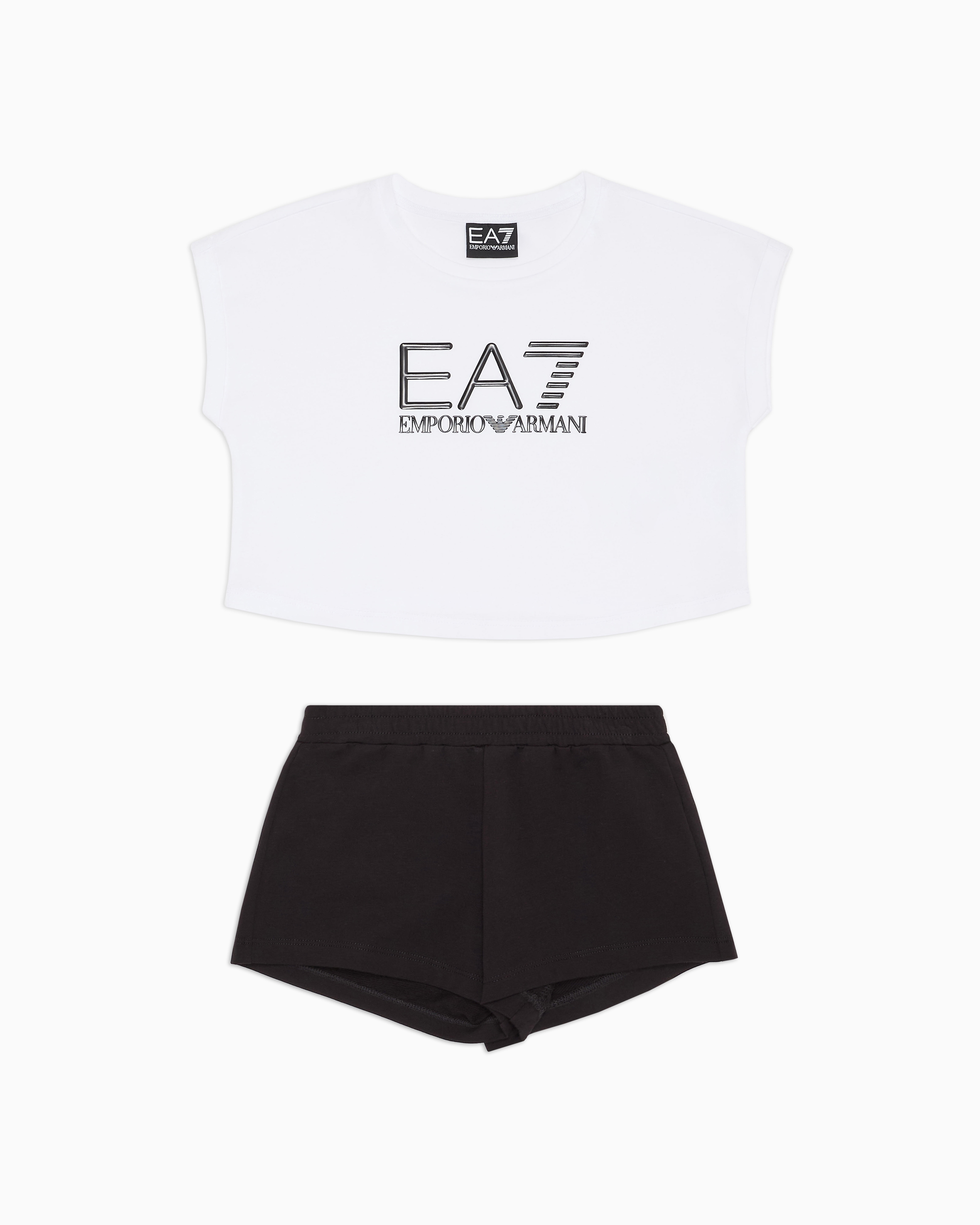 Ea7 Logo Series Girl Cotton T-shirt And Shorts Set In Two-tone